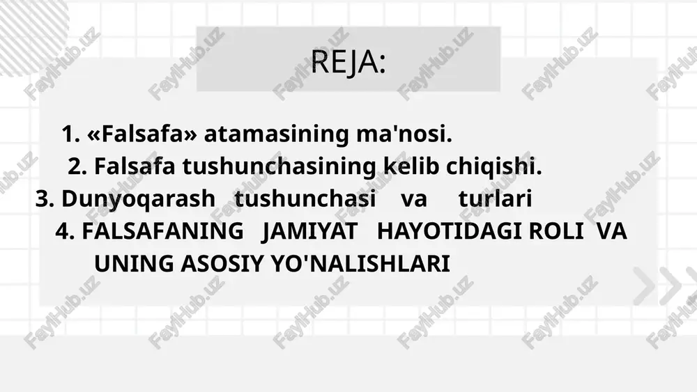 osiyoda miloddan avvalgi vii-iii asrlarda ma’rifatning favqulodda yuksalishi yuz berib, bu davrda san’at, ilm, ijtimoiy-siyosiy amaliyot sohalari tez sur’at bilan o’sib kishilarni yangicha fikrlashga undagan, donishmandlikka ehtiyoj tug’ilgan. barcha falsafiy muammolar uch asosiy guruh savollarida o’z ifodasini topadi: 1 olam o’zi nima? 2 3 olam va odam o’rtasidagi munosabatlar qanday? odam-chi? dunyoqarash duyonqarash-bu, eng avvalo, insonning zaruriy ravishda dunyoni sezishi, anglashi, tushunishi, bilishi natijasida yuzaga keladigan qarashlar tizimidir. dunyoqarashning asosiy masalasi-“men” (subyekt olami) va “men emas” (subektga nisbatan tashqi olam) munosabatidir. 1 ﻿ilmiy dunyoqarash 2 3 ﻿diniy dunyoqarash ﻿falsafiy dunyoqarash dunyoqarashning asosiy shakllari falsafiy dunyoqarashning eng muhim xususiyati nazariya va amaliyot birligi negizida rivojlanib, u ilmiy tezislarning amaliyotga yanada yaqinroq yo’naltirilayotgani bilan tavsiflanadi. falsafiy dunyoqarashning vazifalari dunyoqarashni shakllantirish, baholash, boshqarish, nazorat qilish, birlashtirish, tarbiyaviy. falsafiy dunyoqarashda inson ongidan «tashqarida» mavjud bo’lgan narsalar, hodisalar dunyosi va insonning «ichki» dunyosi, dunyo va insonning o’zaro turlicha munosabatlari markaziy o’rinni egallaydi. dunyoqarash falsafiy bilimlar …