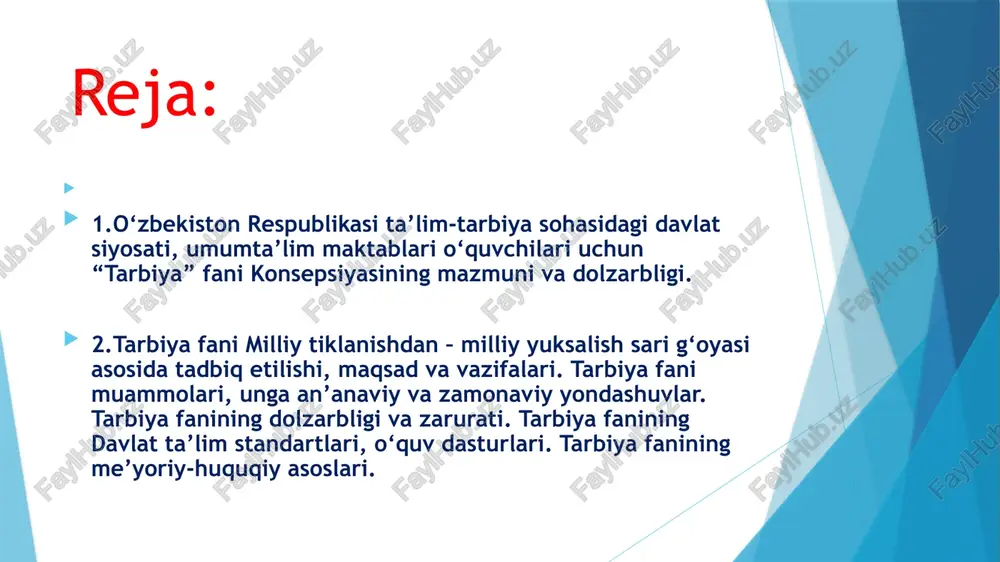 -bosqich amaliyotga joriy etish chora-tadbirlar to‘g‘risida”gi qarori qabul qilingan. ushbu qaror asosida umumiy o‘rta ta’lim muassasalarida «odobnoma», «vatan tuyg‘usi», «milliy istiqlol g‘oyasi va ma’naviyat asoslari» hamda «dunyo dinlari tarixi» fanlarini birlashtirgan holda yagona «tarbiya» fani 1-9-sinflarda — 2020/2021 o‘quv yilidan, 10-11-sinflarda esa — 2021/2022 o‘quv yilidan boshlab fanlarga ajratilgan umumiy soatlar doirasida bosqichma-bosqich amaliyotga joriy etish belgilangan. qaror asosida umumiy o‘rta ta’lim muassasalari o‘quvchilari uchun «tarbiya» fanidan darsliklar va o‘quv-metodik majmualarning yaratilishini muvofiqlashtiruvchi guruh tarkibi umumiy o‘rta ta’lim muassasalari o‘quvchilari uchun «tarbiya» fanidan darsliklar va o‘quv-metodik majmualarni yaratish bo‘yicha tuzuvchilar guruhi tarkibi shakllantirilgan. umumiy o‘rta ta’lim muassasalari o‘quvchilari uchun «tarbiya» fani konsepsiyasi tasdiqlangan. qarorda o‘zbekiston respublikasi xalq ta’limi vazirligi: «tarbiya» fani bo‘yicha umumiy o‘rta ta’limning davlat ta’lim standartini va o‘quv dasturlarini ishlab chiqishi va tasdiqlashi; 2020 yil 10 iyulga qadar 2020/2021 o‘quv yiliga umumiy o‘rta ta’lim muassasalarining 1-9-sinflari uchun hamda 1 dekabrga qadar 2021/2022 o‘quv yiliga 10-11-sinflar uchun mo‘ljallangan «tarbiya» …