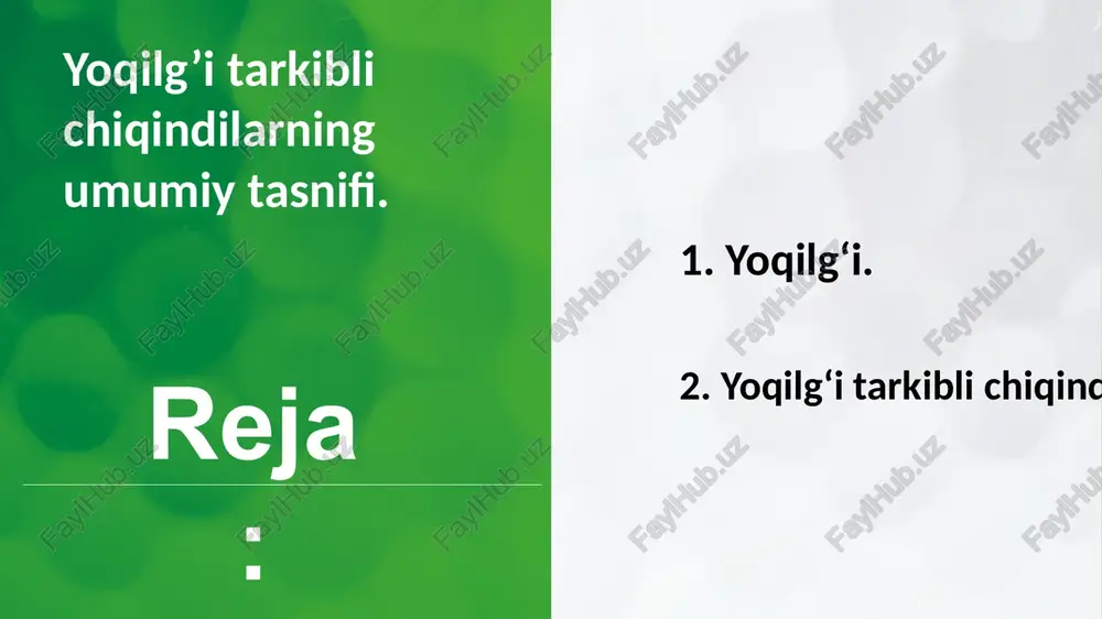 on of the contents of this paragraph yoqilgʻi tarkibli chiqindilar yoqilgʻi tarkibli chiqindilar – bu energiya manbalari (ko'mir, gaz, neft va boshqa yoqilg'ilar) yoqilishi yoki ishlab chiqarilishi natijasida hosil bo'ladigan chiqindilar. ular atmosferaga va atrof-muhitga zararli ta'sir ko'rsatishi mumkin. keling, buni batafsilroq tushuntirib beraman. yoqilgʻi tarkibli chiqindilar turlari: 1. gaz holidagi chiqindilar: karbonat angidrid (co₂): asosiy issiqxona gazi bo'lib, global isish va iqlim o'zgarishiga olib keladi. metan (ch₄): gaz konlari va ko'mir qazish jarayonida chiqadi; co₂ ga qaraganda kuchliroq issiqxona taʼsiriga ega. add your title here click add this section keywords detailed description of the contents of this paragraph azot oksidlari (noₓ): transport va sanoat yoqilg'isi yonishi natijasida hosil bo'ladi, havoning ifloslanishiga sabab bo'ladi. oltingugurt dioksidi (so₂): ko'mir yoki mazut yonishidan paydo bo'lib, kislota yomg'irlariga sabab bo'lishi mumkin. 2. qattiq chiqindilar: kullangan qoldiq va kul: ko'mir yoqilishi natijasida hosil bo'ladi. bunday chiqindilarni to'g'ri boshqarish kerak, aks holda tuproq va suv …