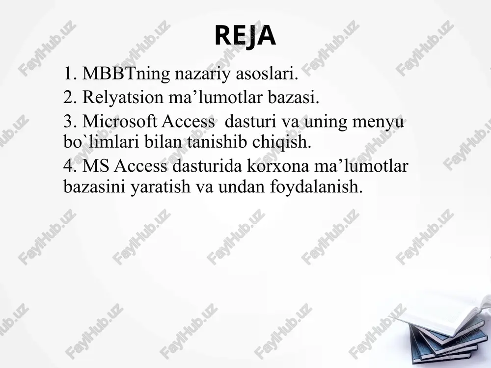 buyruqli dasturlash tillari deyiladi. mbbtga oracle, clipper, paradox, foxpro, access, workbench, navicat, php my admin, dbforge studio for mysql, heidisql, sql maestro, ems sql manager, sqlyog, dbtools manager, mydb studio va boshqalarni misol qilib keltirish mumkin. mbbt asosiy xususiyatlari — bu nafaqat ma’lumotlarni kiritish va saqlashda ishlatiladigan protseduralar tarkibi bo`lmasdan, ularning strukturasini ham tasvirlaydi. ma’lumotlarni o`zida saqlab va mbbt ostida boshqariladigan fayl oldin ma’lumotlar banki, keyinchalik esa “ma’lumotlar bazasi” deb yuritila boshlandi. ma’lumotlarni boshqarish tizimi quyidagi xossalarga ega bo`lishi zarur: fayllar to`plami mantiqiy kelishuvni quvvatlashi; ma’lumotlar ustida ish yuritish tili bilan ta’minlashi; har xil to`xtalishlardan keyin ma’lumotlarni qayta tiklashi; bir necha foydalanuvchilarning parallel ishlashini ta’minlashi. microsoft access dasturini bir necha usul bilan ishga tushirish mumkin: 1. ish stoli menyusidan quyidagilarni bajarish orqali: “pusk” → “vse programmi” → “microsoft office” → “access” va enter tugamasi bosiladi. 2. microsoft access da yozilgan ixtiyoriy xujjatni ochish yordamid, bunda acess dasturi avtomatik ravishda ishga …