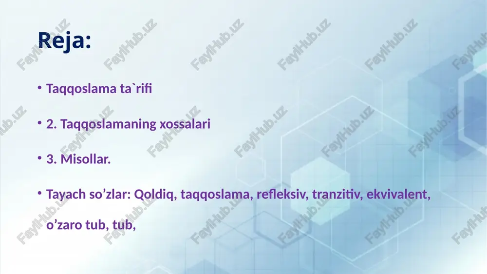 qoslanuvchi sonlarning ayirmasi shu modulga qoldiqsiz bo'linadi agar a= b+mt bo'lib, b ni m ga bo'lgandagi qoldiq r bo'lsa, a ni ham m ga bo'lgandagi qoldiq r ga teng bo'ladi. agar a = mq +r bo'lsa, a = r(modm) deb yozish mumkin. agar a = m bo'lsa, a = o(modm) bo'ladi agar taqqoslama biror m modul _bo'yicha ___o'rinli bo'lsa, u shu modulning ixtiyoriy bo'luvchisi m, moduli bo'yicha ham o'rinli bolladi. 1. qanday modul bo'yicha barcha butun sonlar o'zi bilan taqqoslanadi. 2. 8modul bo'yicha taqgoslanuvchi butun sonlarga misollar keltiring. 3. quyidagi taqgoslamalardan qaysilari o'rinli: a. = —5(mod6), b) 546 = 0(mod13), c)2? = 1(mod4), d) 3m =—1(modm). 4. — quyidagi taqqoslamalarning o'rinli ekanligini isbotlang}| a. 121 = 13145(mod2), b) 121347 = 92817(mod10), ¢).31 = —9(mod10), d)(m — 1)? = 1(modm), e) 2m+1= (m+ 1)2(modm). 5. quyidagi taqqoslamalarning o'rinli emasligini isbotlang. a) 54812 = 1964(mod25), b) 72°? = 3(mod87), c) 44965 = …