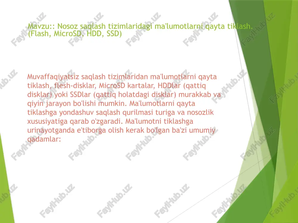 muntazam zahira nusxalarini olib boring. bu sizning ma'lumotlaringizni himoya qilishning eng samarali usuli. shuningdek, maʼlumotlaringizning zahira nusxalarini yoki oniy suratlarini yaratish uchun maʼlumotlarni tiklash dasturidan faol foydalanishni oʻylab koʻring. profilaktik texnik xizmat: saqlash qurilmalaringizni yaxshi holatda saqlang. nosozliklarga olib kelishi mumkin bo'lgan jismoniy zarbalardan, haddan tashqari haroratlardan va quvvatning keskin o'zgarishidan saqlaning. . hdd va ssd disklari uchun: easeus data recovery wizard, testdisk yoki recuva kabi dasturlar.flash drayvlar va microsd kartalar uchun: photorec yoki disk drill kabi asboblar.ma'lumotlarni skanerlash va tiklash uchun dasturiy ta'minot ko'rsatmalariga amal qilinadi. usb flash drive ma'lumotlarini tiklash fleshli disk bir qurilma va boshqa qurilma o'rtasida fayllarni uzatish uchun keng qo'llaniladigan qurilma bo'lib, ayniqsa, u, masalan, cho'ntak yoki ryukzakda olib yurish ancha oson bo'lgan kichik ob'ekt bo'lgani uchun. agar u tushib ketgan, buzilgan, buzilgan ma'lumotlar, tasodifan formatlangan, virus hujumiga uchragan, platani yoqib yuborgan yoki boshqa muammolarga duch kelgan bo'lsa, uning barcha tarkibiga kirishni qayta tiklash uchun …