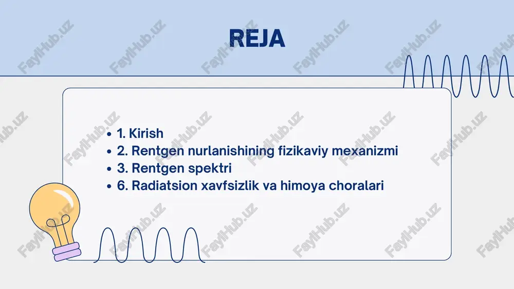 bo'shliqlarni, relslardagi yoriqlarni, choklarning sifatini tekshirishni va boshqalarni aniqlash usuli. bu rentgen nurlarining mahsulotdagi bo'shliq yoki undagi begona qo'shimchalar mavjudligida o'zgarishiga asoslanadi. x- ray qo’llanilishi ilmiy izlanishlardatibbiyotda nuqsonlarni anqlash rentgen nurlari — yuqori energiyali elektromagnit to‘lqinlar bo‘lib, modda bilan ionlovchi ta’sirga kiradi va tormozlanish hamda xarakterli nurlanish natijasida hosil bo‘ladi. ularning fizik xossalari diagnostika va texnik sohalarda keng qo‘llaniladi. radiatsiya xavfi