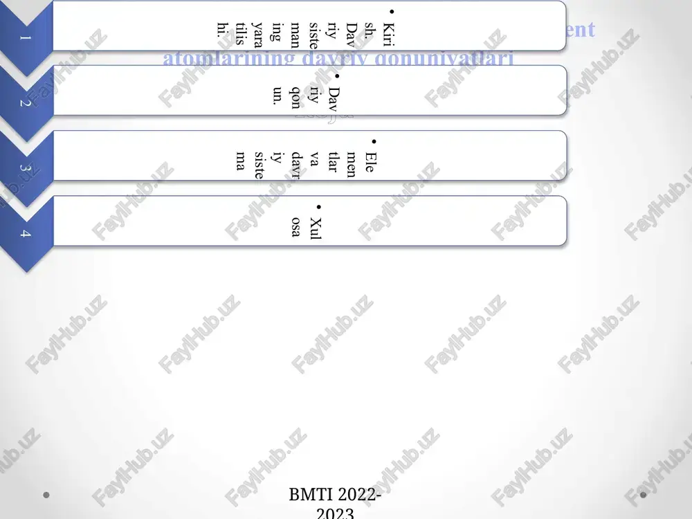 mat qiladi. bmti 2022-2023 hozirgi davriy sistemada 7 ta davr, 8 ta gruppadan va 10 ta qatordan tashkil topgan bo‘lib, unda 107 element joylashgan. gorizontal bo'yicha 7 ta davr bor. ulardan i, ii, iii kichik; iv, v, vi va vll katta davrlar deyiladi. ham kichik, ham katta davr elementlarini o‘z ichiga olgan guruhchalar bosh guruhchalar, faqat katta davr elementlarini o‘z ichiga olgan guruhchalar qo‘shimcha guruhchalar deb ataladi. bosh va qo‘shimcha guruhchalar har bir guruh kataklarining chap va o‘ng tomoniga surib yoziladi. masalan i guruhning ishqoriy metallardan iborat vertikal qatori bosh guruhcha, mis, kumush va oltinlar esa qo‘shimcha guruhcha elementlaridir. 1 davrda 2 ta element, ii va iii da 8 tadan, iv va v da 18 tadan, vi da 32 ta, vii da (tugallan-magan) 21 ta element bor. i, i, iii davrlarning har biri faqat birgina qatordan, iv, v, vi davrlarning har biri 2 qatordan tuzilgan. 7-davr esa tugallanmagan davr hisoblanadi. …