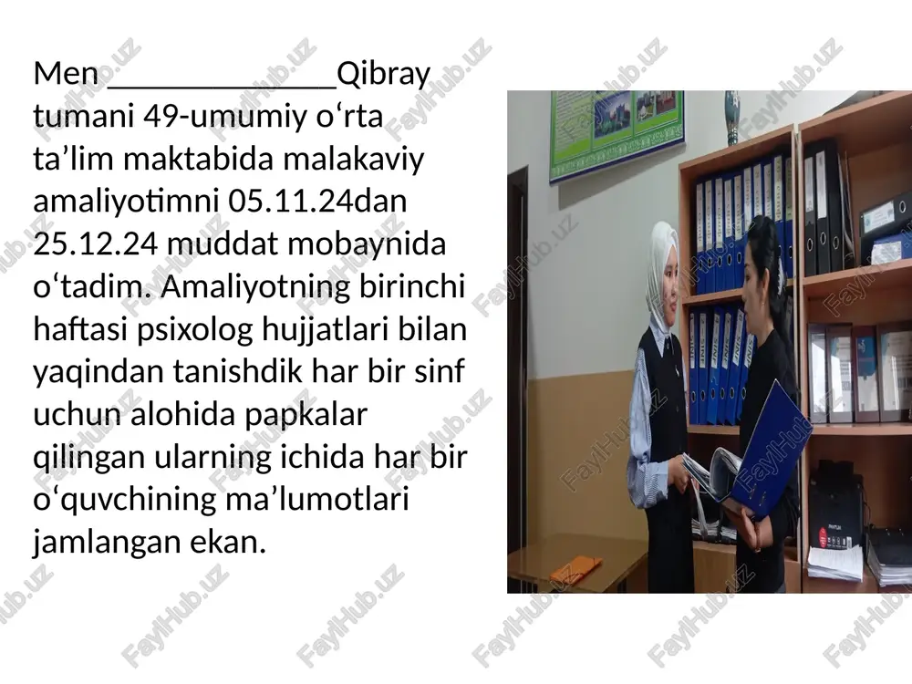 boshlangʻich sinf oʻqituvchilari uchunb"doʻst orttirish san'ati "treningini oʻtqazdik.oʻquvchilar uchun doʻst tanlasj boʻyicha videorolik namoyish etildik.oʻsmirlik paytida oʻqituvchilarda muammolar koʻp boʻlgani sabab ular bilan individual konsultatsiyalar olib bordik. amaliyotning 6-haftasi. bu hafta boshlangʻich sinf oʻqituvchilaridan "mavjud boʻlmagan hayvon"nomli proektiv metodikasini oʻtqadik. oʻquvchilarga chizgan rasmlarini oʻzlariga tahlil qilib berdim. oʻquvchilarni oʻqishga qiziqishini oshirish uchun metodlar qoʻlladik. amaliyotning soʻngi haftasi. bu hafta bitiruvchi sinflardan qaysi kasb egasi boʻlishligi haqida savol javoblar oʻtqazdik. qaysi kasbga yoʻnalganligini aniqlovchi metodika oʻtqazdik. ustozlar bilan birgalikda yoʻl yoʻriqlar koʻrsattik. image1.jpeg image2.jpeg image3.jpeg image4.jpeg image5.jpeg image6.jpeg image7.jpeg image8.jpeg image9.jpeg image10.jpeg image11.jpeg image12.jpeg image13.jpeg n ae diy! j 0t2/lonmltlp, © mohn = om lol, munuvvalt bobo, x= we | | | | yo'l qoidas! - umr foydasi