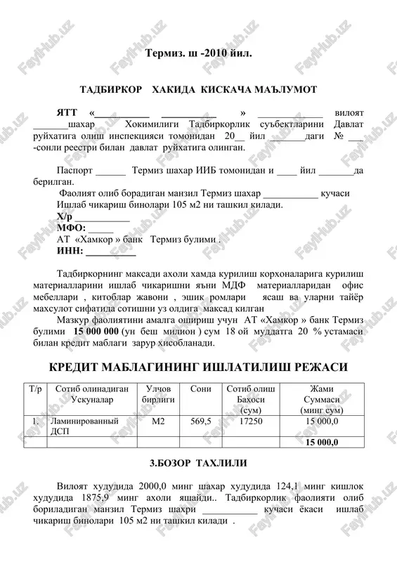 n baxoda sifatli xar-xil turdagi mdf materiallaridan ofis mebellari , kitoblar javoni , xamda eshik romlari tayorlaydi kurilish xamda ofis buyumlarini nakd pul xamda pul utkazish yuli bilan sotishni amalga oshiradi. mijozlarga uz vaktida buyurtma buyicha va umumiy tartibda sotish xizmatlarini kursatadi. korxona tomonidan ishlab chikariladigan maxsulot tavsifi va xarajatlari 1.kitoblar javoni ishlab chikarish uchun mdf x12 m2 x 17250 = 207000 reka x24mx1400=33600 shurp x60x100=6000 jami : 246600 2. ofis mebellari stol mdf x 8m2x17250=138000 shrup x18x100=1800 oboy x6 m2x710=4260 jami : 144060 4. maxsulot xizmat va sotish bozori (yalpi daromad) (maxsulot ishlab chikarish xizmat kursatish 30 kunda) t/r maxsulot turi ishlab chikarish mikdori va xarajatlari oyda xizmat kursatish (ming sum) soni mikdori summasi jami summasi ( sum) mikdori dona ( sum ) jami (sum ) 1 eshik (mdf ) 2,64 m2 dona 10 211200 2112 000 10 264000 2640 000 2 kitoblar javoni dona 8 480 000 3 …
