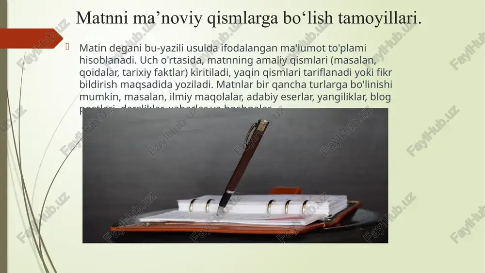 lamidir. u odatda biror mavzu yoki mazmunni ko'rsatadi va uni o'quvchiga yetkazib beradi. matnlar turli sohalar uchun yaratiladi, masalan, ilmiy, adabiy, sotsial, siyosiy, axborotiy va boshqalar. matnning asosiy tarkibi: kirish (asosiy mavzuni ta'riflash), o'rta qism (asosiy fikrni, ma'lumotlarni, argumentlarni taqdim etish) va yakun (qulaylik, xulosa, takrorlash) bo'lib turadi. matnlar xususiyatlariga qarab uslubiy toifalarga bo'linadi, masalan, ilmiy maqola, hikoya, darslik, sharh, dastur, inson xotirasidagi yozuvlar va boshqalar. matnlar o'z ichiga ko'p turdagi elementlarni o'zlashtirishi mumkin: mavzu gaplari, bo'limlar, misollar, asosiy fikrlar, talaffuz, qo'shimcha ma'lumotlar, grafiklar, tasvirlar va boshqalar. matnlarda yo'l qo'ymoqlar, mantikaviy o'tishlar va matndagi ma'lumotlarni tashqi bog'lovchi elementlar foydalanilishi mumkin. bu, matning o'qishni osonlashtirish, tartibni tashkil etish va qo'llab-quvvatlashishga yordam beradi. matndagi faktlar va ma'lumotlar matning mavzusi va maqsadi bilan bog'liq bo'ladi. ularning to'g'ri, aniqligi va ma'lumotlarni ta'minlashi ahamiyatga ega. matndagi tillar, grammatik tuzilmalar, so'zlar, o'zlashtirishlar va foydalaniladigan tarjima usullari matndagi o'zlashtirish va ma'lumotlarni yetkazishga o'zgaradi. matnlarning ko'p turlari va …
