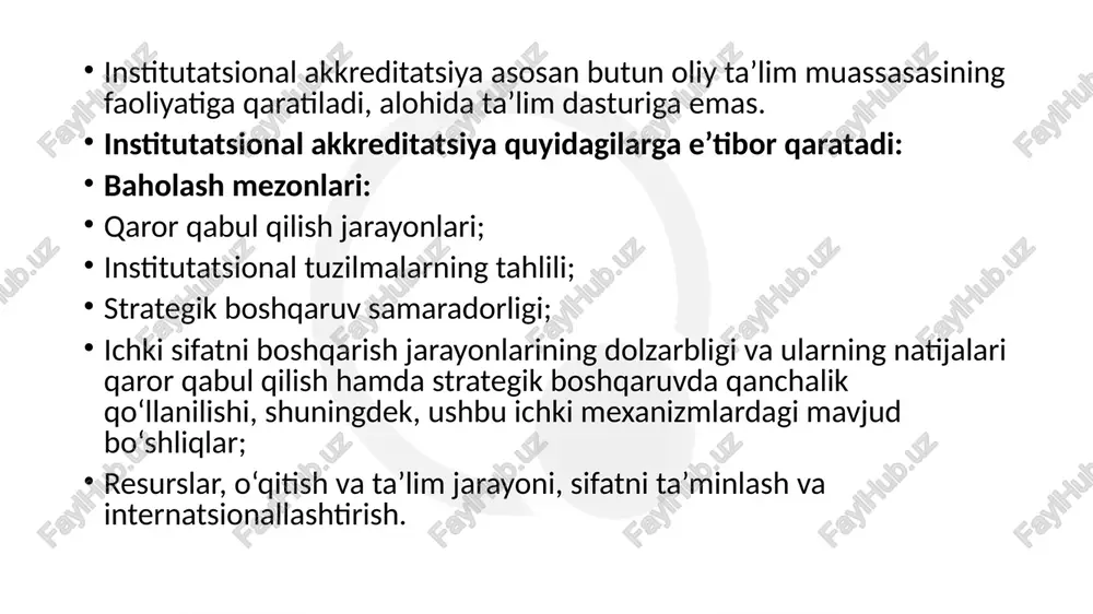 ili qanday, u realistikmi? missiya bayonoti hozirgi va kelajakdagi ustuvor yo‘nalishlarni ham aks ettiradimi, kelajak uchun rivojlanish rejasi mavjudmi? mamun universiteti oliy ta’lim tizimi va jamiyatdagi o‘z rolini qanday ko‘radi? missiya bayonoti ommaga ochiq holdami va u mamun universiteti faoliyatida amalda tatbiq etiladimi? 2.1 institut profili va strategiyasi: strategik rejalashtirish, missiya va qarashlarga oid berilishi mumkin bo‘lgan asosiy namunaviy savollar hamma universitetning missiyasi va maqsadlari bayonotlarini aniq tushunishi kerak: talabalar, ma’muriyat – barchasi missiyaga e’tibor qaratishi lozim. missiya barcha sohalarda aks ettirilganmi yoki ayrim sohalarda ko‘proq ustunlik qiladimi? nima uchun aynan shu maxsus profil tanlandi? universitet profili mintaqaga qanchalik mos keladi? men nega talaba sifatida shu universitetda o‘qishim kerak? nega men ma’mun universitetini tanladim? universitetni boshqalardan nimasi ajratib turadi? talabalar universitet profilini qanchalik aniq tushunishadi? universitetning jamiyat, butun mamlakat va xalqaro miqyosda ahamiyati nimada? missiya qanday amalga oshirilmoqda: o‘quv dasturlari, o‘quv rejalari tuzilishida qanday ifodalanmoqda? 2.1 institutatsional profil va strategiya: …