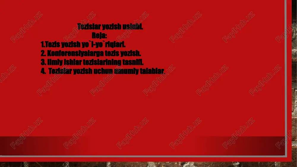 ivojlanishni ishlab chiqarishga joriy etish istiqbollari qanday? yakunida amalga oshirilgan ishlar bo'yicha xulosalar chiqariladi, ilmiy tadqiqotlarni davom ettirish mantiqiy bo'lgan keyingi rejalar va yo'nalishlar tavsiflanadi. ikkinchisiga bo'lgan ehtiyoj, odatda, har qanday ishning kamchiliklari borligi bilan oqlanadi va shuning uchun uni yaxshilash mumkin va kerak. masalan "jamiyat va shaxsning erkinligi, farovonligi va rivojlanishi asosiy insoniy qadriyatlarga mansubdir. bularga bilimli fuqarolar oʻz demokratik huquqlarini amalga oshira olsalar, jamiyatda faol rol oʻynasagina erishiladi. jamiyat va taraqqiyotda samarali ishtirok etish. demokratiya faqat qoniqarli ta'lim, shuningdek bilim, g'oyalar, madaniyat va ma'lumotlardan erkin va cheksiz foydalanish sharti bilan mumkin". (yuneskoning "ommaviy kutubxonalar to'g'risida" manifestidir). bilimli, madaniyatli, bilimli shaxsni shakllantirish bolalar va o‘smirlar kutubxonalari faoliyatining ustuvor yo‘nalishi hisoblanadi. tezislar muallifning ushbu mavzu bo'yicha individual fikrlari va mulohazalarini aks ettiruvchi qisqacha formulalar shaklida yozilishi kerak. tavsiya etilgan tezislar miqdori bosma matnning bir sahifasidan uch sahifasigacha.boshqa mualliflarga tegishli tahliliy maqolalar va sharhlarni mexanik qayta yozishni rad eting. shuningdek, axborot …