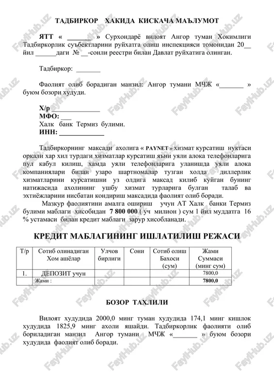 oliga uyali telefonlari uchun ulanish va pul kabul kilish xizmatlari kursatish natijasida xar oyda 1080,0 ming sum mikdorilda yalpi daromad olinadi , kelgusida mazkur mollarga bulgan talab va turlar buyicha kursatgichlar oshirilib borilishi maksad kilingan. 1 oy davomida 1080,0 ming sumlik yalpi daromad rejalashtirilgan bulib , bir oy davomida yalpi xarajat 292,0 ming sumni tashkil kiladi. bir oy davomida sof foyda 788,0 ming sumni tashkil kiladi. moliyaviy reja, kredit ishlatilishi, kutilaetgan samaradorlik va yillar buyicha kredit kaytarilishi. 1. kredit mablagi 7 800,0 2. muljallangan foiz 16 %. 3. kredit muddati 1 yil 4. asosiy kreditni kaytarish kredit shartnomaga asosan kaytarilib boriladi. tadbirkor uyali telefonlari uchun ulanish xizmatlarini kursatganligi uchun 4800 sum mikdorida dillerlik xizmati tulab beriladi, paynet xizmatlari uchun 4 % mikdorida xizma xaki tulab beriladi . tadbirkor tomonidan olingan kreditning maksadli foydalanishi kreditning uz vaktida kaytarilishini nazorat kilish belgilangan tartibda bank muassasalari va solik organlari tomonidan amalga oshiriladi.tadbirkor uz …