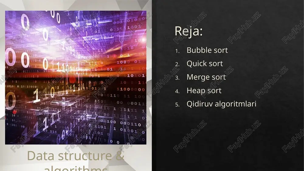 ayotgan qiymatlar diapazoni uzunligi bo'yicha bir qiymat bo'lguncha takrorlanadi. qadamlar quyidagilar: ro'yxatdagi buildmaxheap() funksiyasini chaqiring. bundan tashqari, heapify() deb ham ataladi, bu {\displaystyle o(n)}o(n) operatsiyalarida roʻyxatdan yigʻma hosil qiladi. ro'yxatning birinchi elementini oxirgi element bilan almashtiring. ro'yxatning ko'rib chiqilgan diapazonini bittaga kamaytiring. yangi birinchi elementni to'plamdagi tegishli indeksiga o'tkazish uchun ro'yxatdagi siftdown() funksiyasini chaqiring. ro'yxatning ko'rib chiqilgan diapazoni bitta element bo'lmasa, (2) bosqichga o'ting. qidiruv algoritmlari bugungi kunda ishlatiladigan qidiruv algoritmlarining eng keng tarqalgan turlari: linear search, binary search, jump search, interpolation search, exponential search, fibonacci search. tabiiyki, yuqorida sanab o'tilgan algoritmlar qidiruv algoritmlarini ishlab chiquvchilarning katta tanlovining namunasidir va bugungi kunda ma'lumotlar olimlari foydalanishi mumkin. ammo ularning barchasini yoritib bo'lmaydi. keyingi slaydlarda ushbu keng tarqalgan qidiruv algoritmlaridan ba’zilarini ko'rib chiqamiz. 1. linear search def linear_search(iterable, search_item): """ chiziqli qidiruv algoritmi qidiruv_elementi topilgan "iterable" dagi eng past indeksni qaytaring. muvaffaqiyatsizlikda -1 qaytaring. """ for index, item in enumerate(iterable): if item …