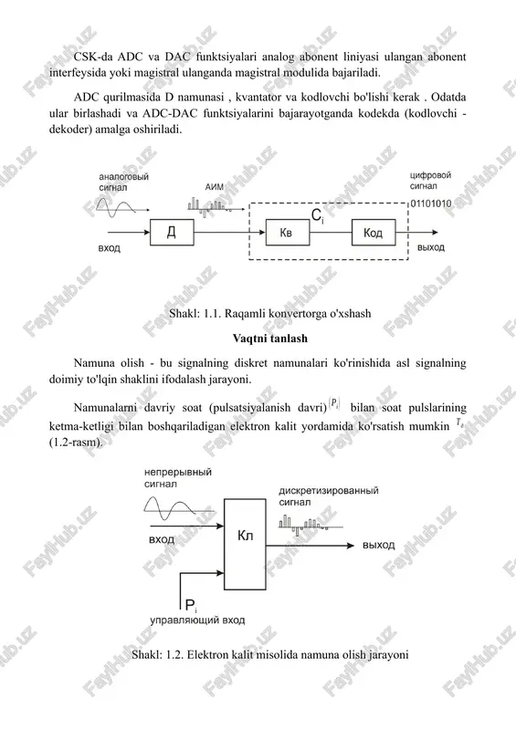 lan pulslarni boshqarish ostida yopiladi va ochiladi . tegishli tizimning chiqishida doimiy signal namunalari to'plami bo'lgan amplituda-pulsli modulyatsiya qilingan signal (aim) yaratiladi (1.3-rasm). shakl: 1.3. vaqtni tanlash teoremasiga muvofiq kotel'nikova bo'lishi: , uzluksiz signal spektrining maksimal chastotasi qaerda . telefoniya uchun spektr 0,3 - 3,4 khz ni tashkil etadi, shuning uchu n = 8 khz (xalqaro elektraloqa ittifoqi - xei tavsiya qilganidek). darajali kvantlash va kodlash kvantizatsiya - bu uzatishga ruxsat berilgan darajalarni aniqlash jarayoni. kvantlash bosqichi deb ataladigan ikkita eng yaqin ruxsat etilgan darajalar o'rtasida bo'shliq mavjud . kvantlash darajalari soni kvantlash va kodlash usuliga (chiziqli va chiziqli bo'lmagan) qarab belgilanadi. chiziqli usullar bilan, chiziqsiz usullar bilan qadam , kvantlash qonuniga ko'ra bir darajadan boshqasiga o'zgaradi. quantize qurilmaning kirish signali bir namunasi bo'lib qolsa a (aim signal), so'ngra uning qiymati uzatish uchun ruxsat darajadagi tomonidan belgilan adi yoki (shakl. 1,4). 1-rasm. 4. kantizatorning daraja qiymatini aniqlash bular signal a …