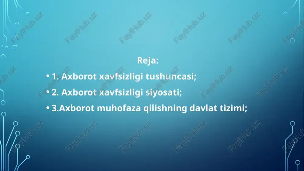 texnik vazifalarni hal etish va himoya vositalarini takomillashtirish talab etiladi. bugungi kunda axborot xavsizligini ta’minlaydigan uchta asosiy tamoil ya’ni ma’lumot butunligi, axborotning konfidensialligi va foydalanish huquqlariga ega barch foydalanuvchilan axborordan foydalana olishlari; bilan bir qatorda ayrim faoliyat sohalari (huquqni muhofaza qilish organlari, mudofaa va maxsus tuzilmalar, bank va moliya institutlari,axborot tarmoqlari, davlat boshqaruv tizimlari) ularda ko’riladigan masalalarning muhimligi va xarakteriga ko’ra, ularning axborot tizimlari faoliyati ishonchliligiga nisbatan yuqori talablar va xavfsizlik bo’yich ua maxsus choralar ko’rilishini talab etadi. axborotni muhofaza qilishning samaradorligi unug o’z vaqtidaligi, faolligi, uzluksizligi va kompleksligi bilan belgilanadi. himoya tadbirini kompleks tarzda o’tkazish axborot tarqab ketishi mumkin bo’lganxavfli kanallarni yo’q qilishni ta’minlaydi.vaholanki, birgina ochiq qolgan axborotning tarqab ketish kanali butun himoya tizimining samaradorligini keskin kamaytirib yuboradi. axborot hisoblash tizimlarida axborot xavfsizligini ta’minlash nuqtai nazaridan o’zaro bog’liq bo’lgan uchta tashkil etuvchi ya’ni axborot; texnik va dasturiy vositalar; xizmat ko’rsatuvchi personal va foydala-nuvchilarga e’tibor qaratiladi. axborotni muhofaza qilish tamoillarini …