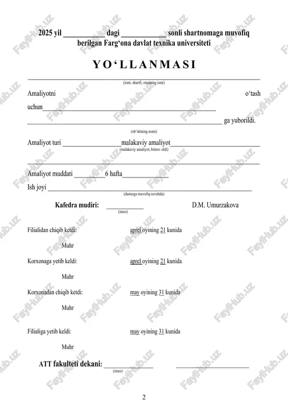abalar korxona va turli muassasalarni hisoblash markazlarida ilg’or ish tajribasga ega bo’lgan mutaxassislar bilan tanishadilar. talabalarning kursdan–kursga o’tishiga bog’liq ravishda, malakaviy va ishlab chiqarish amaliyoti mavzulari turlicha, oddiy tanishuvdan tortib, toki murakkab jarayonlarga ehmni tadbiq etishga, maxsus tizimli dasturiy ta’minotlarni yaratishgacha aloqador bo’lgan muammolar bilan bog’liqdir. amaliyot asosan uch turga bo’lingan bo’lib, o’quv amaliyoti, ishlab chiqarish amaliyoti va bitiruv oldi amaliyoti deb nomlanib, har bir amaliyot davrida talabaning faoliyatini o’ziga xos yo’nalishlari belgilangan. ii. amaliyot turlari, o’tkazish maqsad va vazifalari talabalar amaliyoti bakalavriat yo’nalishlari va magistratura ixtisosliklari fanlarining nazariy qismini mustahkamlash uchun zarur bo’lgan, o’qish jarayonining bevosita ishlab chiqarish sharoitlarida o’tkaziladigan davomidir. malakaviy amaliyotlar bakalavriat yo’nalishlari va magistratura ixtisosliklari davlat ta’lim standartlarida (dts) ko’zda tutilgan turli shakllarda tashkil qilinadi. filial ta’lim yo’nalishlarining ixtisoslik xususiyatlari va kadrlar tayyorlashga buyurtmachilar talablari hisobga olingan holda filial ilmiy kengashining qarori bilan boshqa turdagi amaliyotlarni belgilash huquqiga ega. yuqorida qayd etilganidek, “kompyuter injiniringi” ta’lim yo’nalishi …