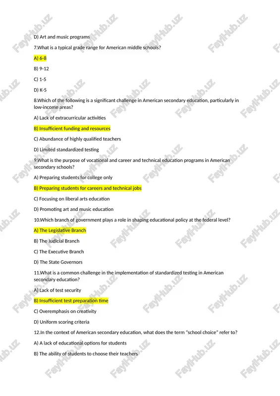 ion of standardized testing in american secondary education? a) lack of test security b) insufficient test preparation time c) overemphasis on creativity d) uniform scoring criteria 12.in the context of american secondary education, what does the term “school choice” refer to? a) a lack of educational options for students b) the ability of students to choose their teachers c) the ability of parents and students to choose among different types of schools d) compulsory education laws 13.what is the primary source of funding for public secondary schools in the united states? a) tuition paid by students b) federal government grants c) state and local taxes d) private donations 14.which federal law mandates that students with disabilities receive a free and appropriate public education (fape)? a) no child left behind act b) individuals with disabilities education act (idea) c) elementary and secondary education act d) every student succeeds act (essa) 15.which …