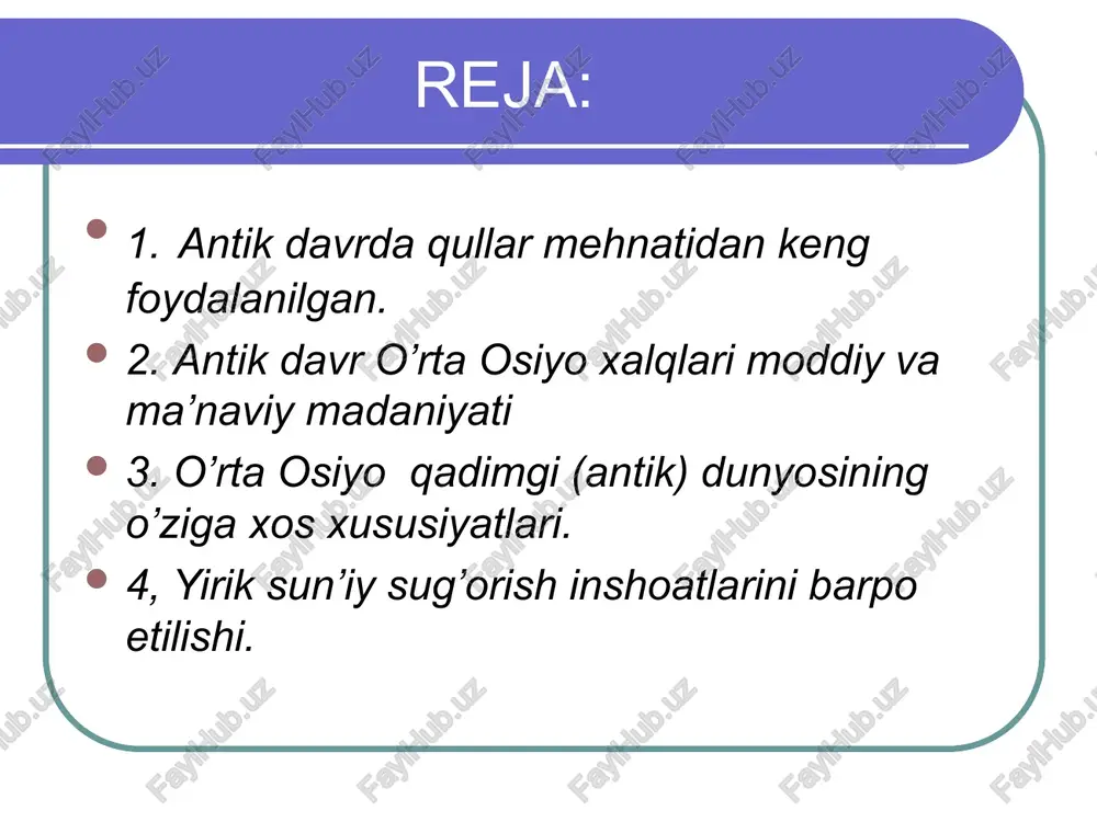 a osiyo va afg`oniston hududidagi arxeologik tadqiqiotlar antik davr madaniyatining gullab yashnaganidan dalolat beradi. ayritom va ko’hna termizda budda ibodatxonalari ochilgan. fayoztepa, quva, xolchayon, dalvarzin kabi ko’hna shaharlarda ham saroylar, ibodatxonalar ochilib, ular yuksak madaniyatga ega ekanligi kuzatilgan. o’rta osiyo qadimgi (antik) dunyosining o’ziga xos xususiyatlari. o’zbekistonning shimoliy-sharqiy xududlarida qadimgi dehqonchilik vohalarining tashkil topishi. choch, qadimgi fragana ustrushona. qadimgi baqtriya antik davrida. qadimgi baktriya yozma manba’larda. baktriya 1ooo shaharli o’lka. ellin va mahalliy madaniy an’analarning moddiy madaniyatdagi ifodasi. qadimgi baqtriyada diniy e’tiqod. san’at, haykaltaroshlik va haykalchalar. yunon-baqtriya tangalari va baxtar yozuvi. ko’chmanchi yuedji qabilalarining baqtriyaga kirib kelishi va kushonlar davlati. kushonlar davri baqtriyasining shahar va qishloqlari: ko’xna termiz, dalvarzintepa, xalchayon, kampirtepa, zartepa, ayritom, xayitobodtepa, oqqo’rg’on, mirzaqultepa, sho’rtepa, oysaritepa vaboshqalar. yirik sun’iy sug’orish inshoatlarining barpo etilishi zang kanali. antik davr o’rta osiyo xalqlari moddiy va ma’naviy madaniyatida jiddiy o’zgarishlar sodir bo’ldi. mil. avv. iv-ii asrlar oromiy yozuvi asosida xorazm, parfiya va …