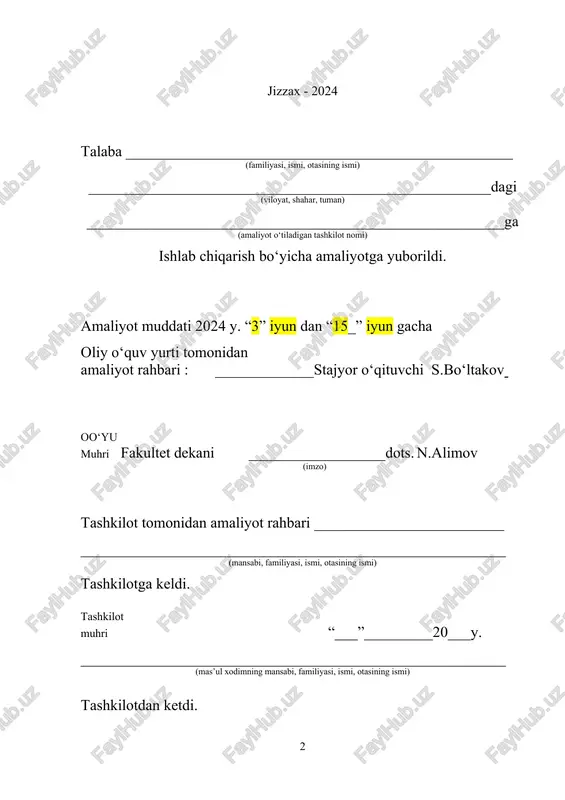 lishi; 1.2. talaba tashkilotga etib kelgach tashkilot tomonidan biriktirilgan rahbariga kundalikni taqdim etishi va amaliyot rejasini ko‘rsatishi kerak. shu bilan birga texnika xavfsizligi, yong‘in falokatidan saqlanish, zaruriy asbob uskuna va texnikalardan foydalanish bo‘yicha tushuntirish ishlarini olishi hamda amaliyot o‘tash joyi bilan tanishishi lozim. 1.3. amaliyot davrida talaba tashkilotning ichki tartib qoidalariga rioya qilishi shart. har qanday holatda talaba amaliyot joyidan chiqayotganda, bu haqda rahbarini ogohlantirishi lozim. 1.4. talaba amaliyot hususidagi taqvimli rejaga asosan hisobot tayyorlaydi. hisobotni tashkilot va oliy o‘quv yurti tomonidan biriktirilgan rahbarlarning qo‘shimcha ko‘rsatmalari asosida to‘ldiradi. 1.5. malakaviy amaliyotda talabaning faoliyati “a’lo”, “yaxshi” yoki “qoniqarli” baho asosida baholanadi va talabaga stipendiya tavsiya etishda hisobga olinadi. amaliyot davrida bajariladgan ishlar rejasi: t/r ishning nomi bo‘lim 1. korxona faoliyatining tavsifi. korxona boshqaruvining tashkiliy tuzilmasi. 2. korxonaning hodimlar tarkibi va mehnat resurslari bilan tanishish 3. korxonaning asosiy va aylanma fondlari, real va xaqiqiy ishlab chiqarish quvvatlarini o‘rganish 4. korxona (tashkilot) ning …