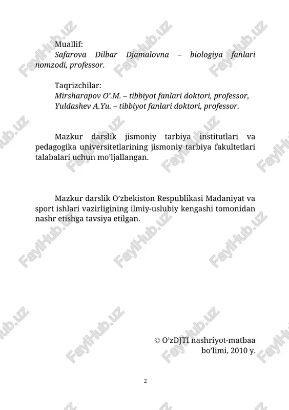k asoslari haqida ma’lumotlar berilgan. tavsiya etilgan darslikda alohida ajratilgan bobda odam organizmi individual taraqqiyotining davrlariga ko’ra o’sish va rivojlanish xususiyatlari, yoshga qarab o’zgarishi va jinsga xos bo’lgan xususiyatlarning taraqqiyoti haqida bilimlar kiritilgan. limfa tizimi kengaytirilib, “immun tizimi a’zolari” degan yangi bo’lim birinchi marotaba o’zbek tilida bayon etilgan. har bir tizimga xos a’zolarni kelib chiqishi, makroanatomik tuzilishi bilan bir qatorda, a’zo funksiyalarining bajarilishini ta’minlab beruvchi mikroskopik va ultramikroskopik strukturalarni tuzi-lishi ko’rsatilgan. «qon aylanish tizimi»ning ta’rifidan tashqari qon tomirlarining hosil bo’lishi, topografiyasi, shoxlanishi, qonni yig’ish yoki qon bilan ta’minlash sohalari bo’yicha ma’lumotlar maxsus jadvallarda berilgan. darslikni o’rganish mobaynida talabalar nafaqat bilimga ega bo’lmasdan, balki ma’lum ko’nik-malarni ham orttirishi kerak. shu bilan birga talabalar tekshirish va kuzatish uslublarini o’zlashtirishlari zarur. bunday uslublar qatoriga sport amaliyotida keng qo’llanadigan quyidagi usullar tavsiya etiladi: antropometrik, somatotipologik, somatoskopik, tana proporsiyalarini aniqlash, dermatoglifik, plangtografik va sportchining turli holati va harakatlarni bajarishda tayanch-harakat apparatini anatomik tahlil qilish usuli. …