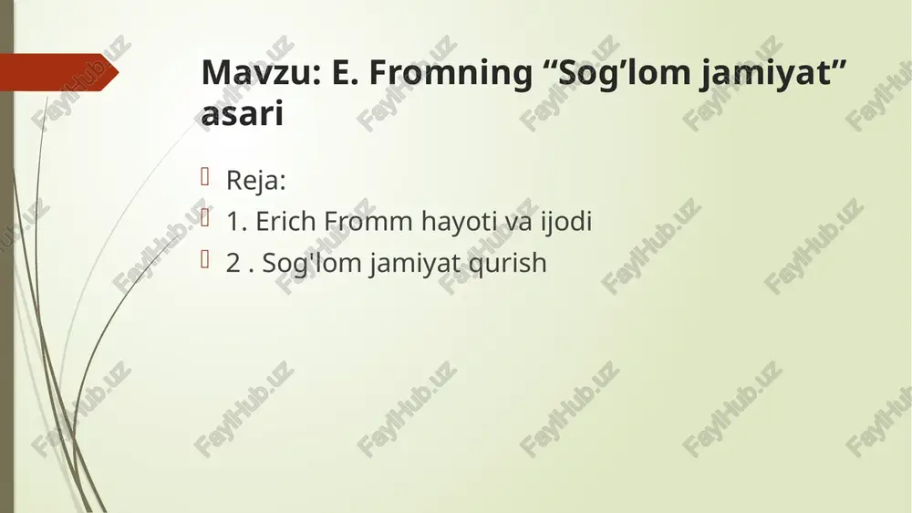 aydi, balki u jamiyatda asosiy bo'lib qoladi va unga nisbatan insonparvar va hurmatli munosabatda bo'ladi. va uning ishi 1955 yilda nashr etilgan bo'lsa-da, bugungi kunda ham dolzarbligicha qolmoqda. fromm o'z asarida "zamonaviy jamiyat sog'lommi" degan savolni qo'yadi va u sog'liq deganda jamiyatning o'zi nuqtai nazaridan adekvatlikni emas, balki insonparvarlik nuqtai nazaridan adekvatlikni anglatadi - sog'lom jamiyat - bu rivojlanishni maksimal darajada oshiradigan jamiyatdir. odamlardagi ijodiy tamoyillar, ma'naviy va ma'naviy fazilatlar hayotni butun jozibasi va go'zalligi bilan his qilishlariga yordam beradi. g'arb jamiyatini hisobga olib, u jiddiy kasal degan xulosaga keladi. odamlar ishlab chiqarish jarayonining qo'shimchasiga aylanadi, iste'mol jamiyati reklamasi ularning iste'mol instinktlarini rag'batlantiradi va odamlar keraksiz narsalarni olish uchun ishlaydilar, shu bilan birga keraksiz narsalarni ishlab chiqaradilar (faqat reklama rag'batlantirish tufayli kerak bo'ladi). kapitalistik jamiyatda foyda birinchi o'rinda turadi - bu foyda jamiyat manfaatlariga zid bo'lsa ham, raqobat odamlar o'rtasidagi birodarlik tuyg'usiga zarar etkazadi. jamiyatda umuman ruhiy salomatlik yo'qligi haqida …