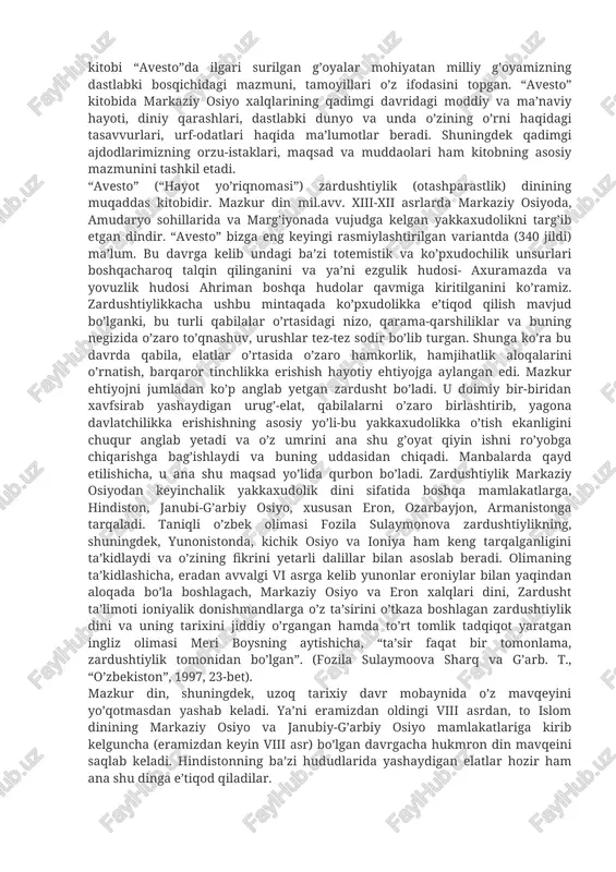 tomonidan o’rganila boshladi. oksford universiteti professor tomas gand 1700 yilda nashr ettirgan “qadimgi eronliklar: parfiyan va mideyaliklar dinining tarixi” asarida “avesto” haqida qimmatli ma’lumotlar beradi. fransuz sharqshunosi a. dyuperron 1771 yilda “avesto”ni fransuz tilidagi tarjimasininashr qiladi. rus olimi a. o. makavel’skiy“avesto” ustida tadqiqotlar olib boradi, 1960 yilda “avesto”ni ilmiy o’rganish tarixi” monografiyasini nashr ettiradi. “avesto” kitobi mamlakatimizda mustaqillikdan keyin jiddiy o’rganila boshlandi. o’zr vazirlar mahkamasi ushbu noyob kitobning xalqimiz va millliy davlatchiligimiz tarixidagi ulkan ahamiyatini hisobga olgan holda, “avesto” yaratilganligining 2700 yilligini nishonlash to’g’risida 2000 yil 29 mayda 110 sonli qaror qabul qildi. va bu 2011 yilda keng nishonlandi. o’zbek xalqi milliy g’oya tamoyillari bilan yo’g’rilgan ma’naviyati qadimgi davri zardushtiylik ta’limoti negizida rivojlanadi. mazkur ta’limotning muqaddas kitobi “avesto”da ilgari surilgan g’oyalar mohiyatan milliy g’oyamizning dastlabki bosqichidagi mazmuni, tamoyillari o’z ifodasini topgan. “avesto” kitobida markaziy osiyo xalqlarining qadimgi davridagi moddiy va ma’naviy hayoti, diniy qarashlari, dastlabki dunyo va unda o’zining o’rni …
