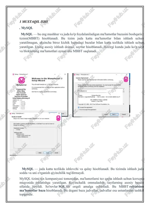 haqidagi axborot diagramma ko`rinishida rasmiylashtiriladi, buning uchun quyidagi belgilar kiritiladi: mohiyat turlari – to`rtburchak bilan, atributlar-ovallar bilan tasvirlanadi va ular mos mohiyatlar bilan yo`nalishsiz qirralar bilan bog`lanadi. mohiyat – aloqa modeli predmet sohani (ps) faqat aniq bir qismini akslantiradi. bu holda uni lokal model deyiladi. ps haqida to`la axborotga ega bo`lish uchun uni etarli kengroq tekshirish zarur va oldingisini to`ldiradigan local modellar qurish kerak. shundan so`ng lokal modellar birlashtirilib ps haqida bir butun kompozitsion tasvirga ega bo`lamiz. relyatsion yondashuv asosiy tushunchalari:  ma‘lumotlar toifasi – relyasion mb saqlanadigan ma‘lumot qiymatlari;  domen – domenlar ma‘lumotlarni ayrim asosiy turlarini aniqlash orqali o‗rnatiladi;  atributlar – jadval ustunlar nomlari;  bog‗lanish – relyation so‗zidan olinib munosabatni bildiradi;  birlamchi kalit – bu kalit tashqi mb bilan bog‗lanishni o‗rnatish uchun xizmat qiladi. relyatsion mb munosabatlarni o`zaro bog`langan to`plamidir. har bir munosabat kompyuterda fayl ko`rinishida tasvirlanadi. 3 – mustaqil ishi mavzu: sql tilida jadvallar …