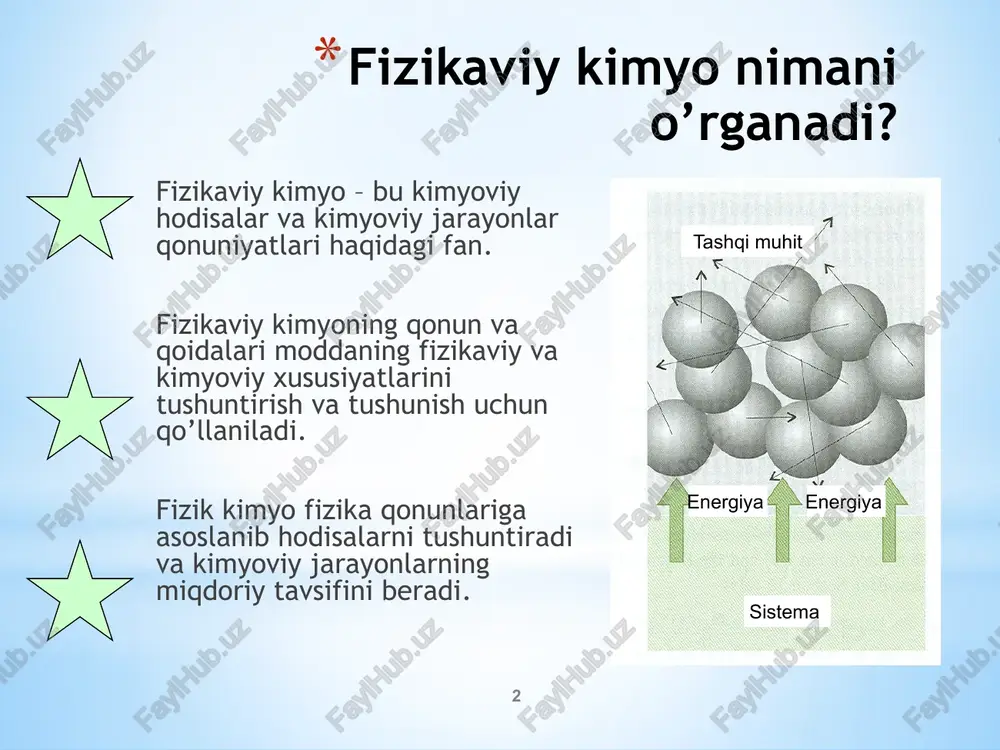 ahalla, mamlakat, sayyora, galaktika va koinotni oʻz ichiga oladi. tizim sifatida nimani tanlash ixtiyoriy (kuzatuvchiga bogʻliq) boʻlib, siz nimani oʻrganishni istashingizga bogʻliq, siz faqat suvni yoki butun uyni tizimning bir qismi sifatida olishingiz mumkin. tizim va atrof-muhit birgalikda koinotni tashkil qiladi. termodinamikada uch xil tizim mavjud: ochiq, yopiq va izolyatsiyalangan. ochiq tizim oʻzining atrof-muhiti bilan energiya va modda almashadi. gaz plitasi ochiq tizimga misol boʻladi, chunki issiqlik va suv bugʻlanib, havoda yoʻqolib ketadi. yopiq tizim oʻzining atrof-muhiti bilan faqat energiya almashadi, modda emas. agar yuqorida berilgan misoldagi qozon qopqogʻini zich yopsak, u deyarli yopiq tizim boʻladi. izolyatsiyalangan tizim oʻzining atrof-muhiti bilan modda ham, energiya ham almashmaydi. mukammal izolyatsiyalangan tizimni topish qiyin, lekin qopqogʻi zich yopiladigan maxsus sovitkich idishlar izolyatsiya qilingan tizimga oʻxshaydi. idish ichidagi narsalar bir-biri bilan energiya almashishi mumkin, shuning uchun muz biroz eriydi va ichimlikni sovitadi, ammo tashqi muhit bilan juda kam energiya (issiqlik) almashadi. 5 termodinamikaning o’zi …