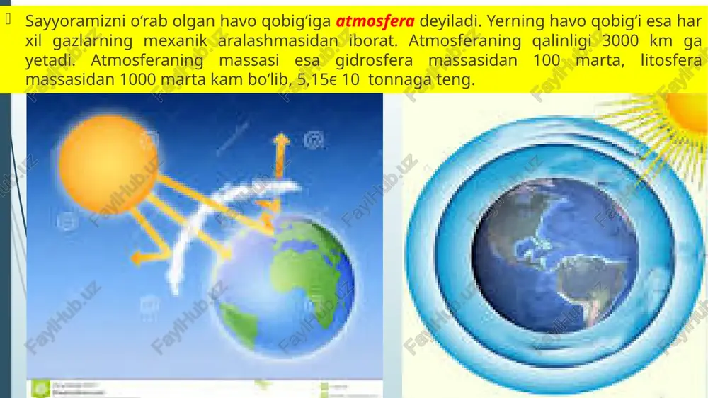 haydi, lekin eng yuqori qismida suv bug‘lari kamayib, gazlar siyraklasha boradi, temperatura past bo‘lib, 72єc ga yetadi. stratosfera atmosferaning 50-60 km balandlikkacha bo‘lgan qismini o‘z ichiga oladi, butun atmosfera massasining 10% qismi shu sferada. stratosferada havo siyrak. bu sferada havo, asosan, traposferadagi gazlardan iborat bo‘lsa-da, lekin unda ozon gazining miqdori ko‘proq. stratosferaning quyi qismida temperatura yozda ekvator ustida -70єc, qutblar ustida -56єc ga pasayadi; lekin 35-55 km balandlikda temperatura ko‘tariladi. buning sababi shundaki, bu yerda ozonning ko‘p bo‘lganidan quyosh nuri, ayniqsa ultrabinafsha nur ko‘plab yutiladi. stratosferada tezligi soatiga 340km ga yetadigan kuchli shamollar ham bo‘lib turadi. strapouza stratosfera bilan mezosfera orasidagi o‘tkinchi qatlam bo‘lib, bu yerda havo ancha siyrak, temperatura esa ko‘tarilib 0 єc atrofida bo‘ladi. mezosfera atmosferaning 50-60 km dan 80-85 km gacha bo‘lgan qismini oladi. bu qatlamda atmosfera bosimi kam, havo yer yuzasidagiga nisbatan 200 marta siyrak, temperatura esa yana past: -60, -80єc. atmoferaning bu qismida tabiati yaxshi …