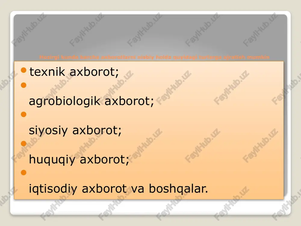 a axborot omili ham siyosiy, ham iqtisodiy jihatdan ayrim kuchlar manfaatiga aylanib bormoqda. shuning uchun ham yangi mustaqil davlatlarning milliy xavfsizligini ta'minlashda siyosiy, iqtisodiy, harbiy omillar bilan bir qatorda uning axborot jihatlari borgan sari dolzarblashmoqda bugungi globallashuv asrida axborotga bo‘lgan talab har qachongidan ko‘ra, kuchayib bormoqda. shunday ekan, xolis va haqqoniy axborotlarni tarqatish, ommaning bu mahsulotga bo‘lgan ehtiyojini qondirish har qachongidan ko‘ra bugungi kunda dolzarb ahamiyat kasb etadi. ma'lumki, demokratik jamiyatda ommaviy axborot vositalari, tele-radio kanallar odamlarni xolis va haqqoniy axborot yetkazadigan, gumanistik qarashlar, ilg‘or g‘oyalarni ifoda qiladigan erkin minbar sifatida e'tibor beriladigan vositadir. aslida ham shunday. bugun jahon miqyosida bo‘layotgan olamshumul o‘zgarishlar, iqtisodiy taraqqiyot, ilm-fandagi inson aqlini lol qoldiradigan yangiliklaru ixtirolar barcha-barchasi ommaviy axborot vositalari orqali ma'lum bo‘lmoqda. image2.jpeg image3.jpeg /docprops/thumbnail.jpeg axborotning turlari