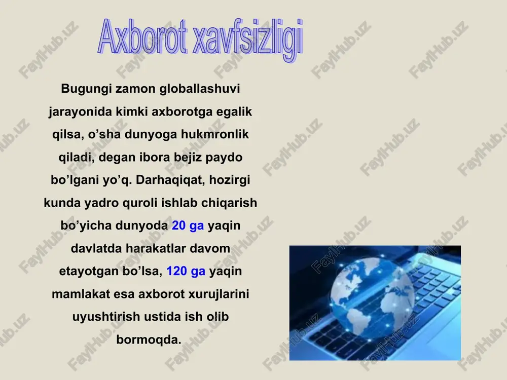 dagi axborotlarni qidirsh va qayta ishlash bo’yicha razvedkaning imkoniyatlarini kengaytirishga yo’naltirilgan reja ishlab chiqilgan va tadbiq qilingan. mulohazalar mamlakatimizni barcha hududlariga yirik kompaniyalar, eksportga qaratilgan strategiyaning eng muhim elementlaridan biri erkin iqtisodiy, industrial zonalarga axborot xavfsizligini ta’minlash maqsadida maxsus kadrlar tayyorlash kerak! xulosa qilib aytish kerakki, hozirgi zamonda axborot almashinuvi tobora kengayishi bilan bir qatorda tezligi va ma’lumotlar xilma hilligi ortib bormoqda. bu ma’lumotlar ichida turli hil yod g’oyalar,yolg’on ma’lumotlar va shunga oxshash salbiy g’oyalarham kirib kelishi mumkin. bu jarayonni inobatga olgan holda davlat tomonidan ishlab chiqilgan barcha zaruriy tegishli chora tadbirlar amalga oshirilib kelinmoqda.