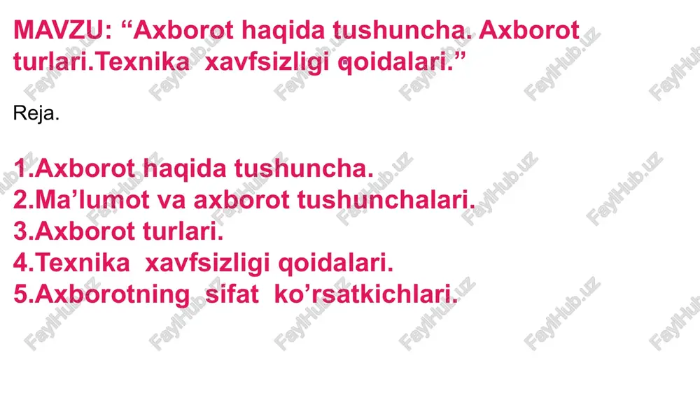 ilmiy-tatqiqot instituti 22 respublika ta’lim markazi e’tibor qaratiladi uyga vazifa: individual savollar •kompyuter nima? axborot nima? •axborot qanday uzatiladi? axborot uzatish vositalarini ayting. •kompyuterning tashkil etuvchilarini ayting. •monitor vazifasi nimalardan iborat? •klaviatura qanday qurilma? •kompyuter “miyasi” deganda nimani tushunasiz? •qanday kompyuter turlarini bilasiz? kopirayter kasbga yo`naltirish… shaxsiy yordamchi youtube-mutaxassisi ijtimoiy tarmoq administratori call-markaz operatori sahifalovchi rassom/illyustrator ta’limga kirib kelayotgan yangiliklardan qo‘rqmang, vaqt keladiki, ular bizning kundalik ehtiyojimizga aylanadi! e’tiborsiz bo‘lmaganingiz uchun rahmat!!! image1.png image2.png image3.png image4.png image5.png image6.png image7.png image8.png image9.png image10.png image11.png image12.png image13.png image14.emf image15.png image16.png image17.png image18.jpeg image19.png image20.png image21.png image22.png image31.png image23.emf image24.emf image25.emf image26.emf image27.emf image28.emf image29.emf image30.png image32.jpg image33.png image34.png axborot tushunchasi informatika sohasining asosiy resursi bu — axborotdir. «axborot» so'zi lotincha «information» so'zidan olingan bo'lib, biror ish holati yoki ish faoliyati haqida ma'lum qilish, xabar berish, biror narsa haqidagi ma'lumot, degan ma'noni anglatadi axborot - olamdagi butun borliq, undagi ro'y beradigan xodisalar va …