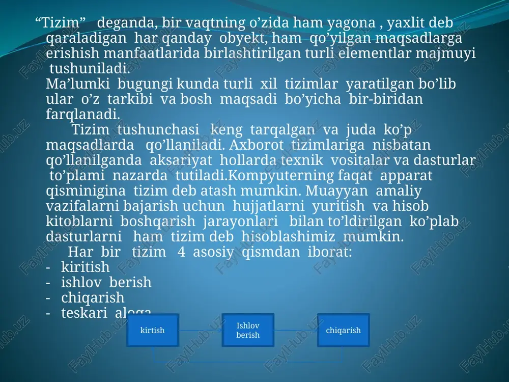 avtomatlashgan dastlabki axborot tizimlarida axborotga ishlov berishning barcha jarayonlari qo’lda bajarilgan. bunday tizimlarda axborotni qidirish uchun oddiy selektiv moslamalardan foydalaniladi. bu qurilmalar arzon, ular bilan ishlatish uchun oliy malakali xizmat ko’rsatuvchi xodimlar talab etilmaydi. mexanizatsiyalashgan axborot tizimlarida axborotga ishlov berish va qidirish uchun turli mexanizatsiyalshgan vositalardan foydalaniladi, ular orasida hisoblash perforatsiya mashinalari keng tarqalgandir. mexanizatsiyalashgan axborot tizimlarida axborot eltuvchilari bo’lib perfokartalar hisoblanadi. bunday mexanizatsiyalashgan tizimlarning texnik vositalari takibiga perforatsiya mashinalari kiradi. ularning har biri muayyan bir vazifani bajaradi. perforator yordamida zxborot dastlabki hujjatdan perfokartalarga o’tkaziladi. saralovchi umumiy belgilarga ega bo’lgan perfokartalarni alohida guruhlar bo’yicha joylashtiriladi. avtomatlashtirilgan avtomatlashgan axborot tizimlaridagi axborotni saqlash, unga ishlov berish va qidirish uchun hamda kompyuterlarda axborotni to’plash, tayyorlash va uzatish, shuningdek axborotni istemolchiga chiqarib berish bilan bog’liq operatsiyalarni bajarish uchun ham foydalaniladi. bu tizimlar keng funksional imkoniyatlarga ega va axborotni juda katta hajmlarini saqlash va ishlov berishga qodir. bu yerda axborot eltuvchilar kompyuterning xotira qurilmalaridir. axborot …