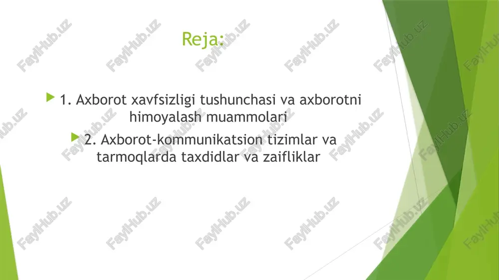 va uning asosida jahon yagona axborot maydoniga kirib borish natijasida milliy iqtisodimizga turli xildagi zararlar keltirish xavfi paydo bo’lmoqda. mudofaa xavfsizligi. mudofaa sohasida xavfsizlikning asosiy ob’ektlaridan bo’lib, mamlakatning mudofaa potentsialining axborot tarkibi va axborot resurslari hisoblanmoqda. xozirgi kunda barcha zamonaviy qurollar va harbiy texnikalar juda ham kompyuterlashtirilib yuborildi. shuning uchun xam ularga axborot qurollarini qo’llash ehtimoli katta. ijtimoiy xavfsizlik. zamonaviy axborot – kommunikatsiyalar texnologiyalarining milliy iqtisod barcha tarmoqlarida keng qo’llanishi inson psixologiyasi va jamoa ongiga «yashirin» ta’sir ko’rsatish vositalarining samaradorligini yuksaltirib yubordi. ekologik xavfsizlik ekologik xavfsizlik – global masshtabdagi muammodir. «ekologik toza», energiya va resurs tejaydigan, chiqindisiz texnologiyalarga o’tish faqat milliy iqtisodni axborotlashtirish hisobiga qayta qurish asosidagina yo’lga qo’yish mumkin. avtomatlashtiriltan axborot tizimlarida axborotlar o’zining hayotiy davriga ega bo’ladi. bu davr uni yaratish, undan foydalanish va kerak bo’lmaganda yo’qotishdan iboratdir (2-rasm ). axborotlar xayotiy davrining xar bir bosqichida ularning himoyalanganlik darajasi turlicha baholanadi. maxfiy va qimmatbaho axborotlarga ruxsatsiz kirishdan himoyalash …