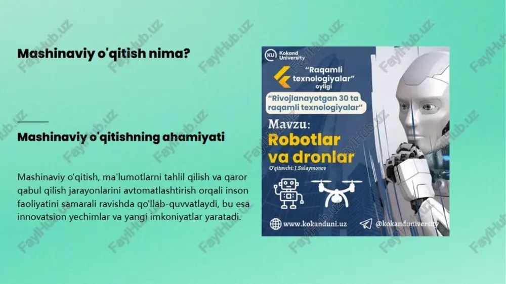 tez ma'lumotlar xavisizligi va maxtiylik va samarali tahlil qilish imkonini beradi. masalalari dolzarb ahamiyatga ega. 42 mashinaviy o'gitish jarayonida tahliliy yondoshuviar © tahliliy yondoshuviar va ularning ahamiyati mii fikriashni rivojlantirish tahliliy yondoshuvlar o'quvchilarga muammolarni tizimli ravishda tahlil gilish imkonini beradi, bu esa tangidiy fikrlash va chuqur bilim olishni ragbatlantiradi. o'zaro hamkorlikni oshirish tahliliy yondoshuvlar guruhli ishlarni go'llab- quwatlaydi, o'quvchilar o'zaro fikr almashish va muhokama orgali bir-birining bilimini rivojlantirishga yordam beradi. mashinaviy o'qitishda tah statistik tahlil, ma'tumotlarni chuqur organish va o'quvchilarning natijalarini baholashda muhim ahamiyatga ega, bu esa o'gitish jarayonini yaxshilashga yordam beradi. jjalari va o'gitish metodlari ortasidagi bog liqlikni aniqlashda yordam beradi, bu esa ta'lim strategiyalarini optimallashtirish imkonini beradi. ly metodiar takrorlanuvchi jarayonning algoritmi umumiy holda quyidagilarni o'z ichiga olishi kerak: klassifikatsiya algoritmlari klassifikatsiya algoritmlari, o'quvchilari turli darajalarga ajratish va shunga muvofig ta'lim usullarini ishlab chigishda samarali vosita sifatida xizmat qiladi. tahliliy yondoshuviar orqali o'qitish samaradorligini oshirish muammolarni aniqlash tahliliy …