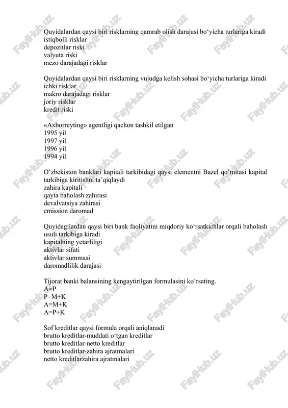 mmasi daromadlilik darajasi tijorat banki balansining kengaytirilgan formulasini ko‘rsating. a=p p=m+k a=m+k a=p+k sof kreditlar qaysi formula orqali aniqlanadi brutto kreditlar-muddati o‘tgan kreditlar brutto kreditlar-netto kreditlar brutto kreditlar-zahira ajratmalari netto kreditlarzahira ajratmalari quyidagi passivlarning qaysi biridan foydalanish tijorat bankining likvidliligiga salbiy ta’sir ko‘rsatadi muddatli depozitlar joriy depozitlar jamg‘arma depozitlari banklararo kredit qachondan boshlab naqd pul ko‘rinishidagi evrolar muomalaga kiritildi 2001 yil 1 yanvar 2000 yil 1 yanvar 2003 yil 1 yanvar 2002 yil 1 yanvar tijorat banklarining foydasi va uning darajasini tahlil qilish usullarini belgilang foyda manbalarini tarkibiy tahlil qilish, moliyaviy koeffitsiyentlar tizimini tahlil qilish, statistik tahlil moliyaviy koeffitsiyentlar tizimini tahlil qilish, omilli tahlil, statistik tahlil moliyaviy koeffitsiyentlar tizimini tahlil qilish, statistik tahlil, absolyut tahlil foyda manbalarini tarkibiy tahlil qilish, moliyaviy koeffitsiyentlar tizimini tahlil qilish, omilli tahlil bank aktivlaridan foydalanish koeffitsiyenti qanday topiladi aktivlarni operatsion daromadlarga nisbati aktivlarni aksiyadorlik kapitaliga nisbati soliqlar to‘langandan so‘nggi sof foydani aksiyadorlik kapitaliga ko‘paytmasi operatsion …