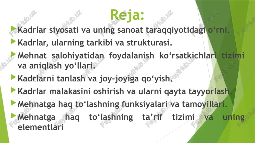 di: sanoat ishlab chiqarishi xodimlari nosanoat ishlab chiqarishi xodimlari malaka deganda, biron-bir kasb yoki mutaxassilik bo‘yicha murakkab ishlarni bajarish uchun zarur bo‘lgan mehnat ko‘nikmalari va bilimlar darajasi tushuniladi. ishchilar malakasi darajasini baholashda o‘rtacha tarif koeffitsiyenti va o‘rtacha tarif razryadi hisoblanadi. tarif razryadlari va koeffitsiyentlari bir vaqtning o‘zida bajarilayotgan ishlar murakkabligini tavsiflovchi ko‘rsatkichlar hisoblanadi. 3. mehnat salohiyatidan foydalanish ko‘rsatkichlari tizimi va aniqlash yo‘llari 2023-yil yanvar-dekabr oylarida sanoatda mehnat unumdorligi (sanoatda band bo‘lgan 1 kishiga ming so‘m) mehnat salohiyatini ifodalovchi barcha ko‘rsatkichlar iqtisodiy mazmunga qarab uch guruhga bo‘linadi: mehnat salohiyati holatini ifodalovchi ko‘rsatkichlar mehnat salohiyati bilan ta’minlanganlikni ifodalovchi ko‘rsatkichlar mehnat salohiyati samaradorligini ifodalovchi ko‘rsatkichlar 4. kadrlarni tanlash va joy-joyiga qo‘yish kadrlarni tanlash, ularni joy-joyiga qo‘yish, ulardan oqilona foyda- lanish va tarbiyalash masalasi kadrlar siyosatining, umumiy iqtisodiyot- ning, shu jumladan, makro va mikroiqtisodiyotning eng muhim masalalaridan biri hisoblanadi. kadrlar attestatsiyasi xodimlarning malakasini bilim va ko‘nikmalari darajasini, faoliyatining samaradorligini, ishdagi, xizmat- dagi va boshqa …