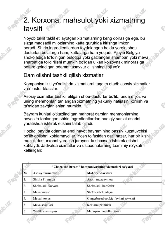 ni tashkil qilish xizmatlari kompaniya ikki yo'nalishda xizmatlarni taqdim etadi: asosiy xizmatlar va master-klasslar. asosiy xizmatlar tashkil etilgan shou-dasturlar bo'lib, unda mijoz va uning mehmonlari tanlangan xizmatning yakuniy natijasini ko'rish va ta'midan zavqlanishlari mumkin. bayram kunlari o'tkaziladigan mahorat darslari mehmonlarning bevosita tanlangan shirin ingredientlardan haqiqiy san'at asarini yaratishda ishtirok etishini talab qiladi. hozirgi paytda odamlar endi hayot bayramining passiv kuzatuvchisi bo'lib qolishni xohlamaydilar. yosh toifasidan qat'i nazar, har bir kishi mazali dasturxonni yaratish jarayonida shaxsan ishtirok etishni xohlaydi. jadvalda xizmatlar va ustaxonalarning taxminiy ro'yxati keltirilgan: "chocolate dream" kompaniyasining xizmatlari ro'yxati № asosiy xizmatlar mahorat darslari 1. shisha piramida azotli muzqaymoq 2. shokoladli favvora shokoladli konfetlar 3. meva xurmo shokolad chizilgan 4. mevali tovus gingerbread cookie-fayllari ro'yxati 5. meva shakllari keklarni pishirish 6. waffle stantsiyasi marzipan modellashtirish 7. yangi siqilgan sharbatlar shokoladli rulolar 8. pancake stantsiyasi o'ymakorlik 9. shirinliklar kokteyl tayyorlash 10. popkorn 11. karamel olma 12. shokolad rassomi 13. mulled …