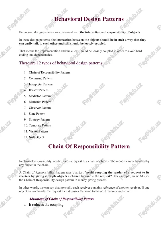 e request must be specified in dynamic way. example of chain of responsibility pattern let's understand the example of chain of responsibility pattern by the above uml diagram. uml for chain of responsibility pattern: command pattern a command pattern says that "encapsulate a request under an object as a command and pass it to invoker object. invoker object looks for the appropriate object which can handle this command and pass the command to the corresponding object and that object executes the command". it is also known as action or transaction. advantage of command pattern · it separates the object that invokes the operation from the object that actually performs the operation. · it makes easy to add new commands, because existing classes remain unchanged. usage of command pattern: it is used: · when you need parameterize objects according to an action perform. · when you need to create and execute …