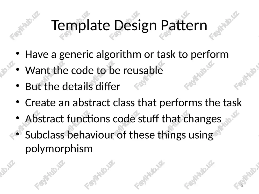 in original objects needing a behaviour point at behaviour with behavioural interface in construction assign actual behaviour to object 9 10 avoids explosion in classes ducks have 8 types of quack and 8 styles of flying need 64 types of duck represent this but need only 1 type of duck, 8 types of quack, 8 styles of flying ie. 17 classes using the strategy design pattern easy to create new types of quack or flying easy to add further types of behaviour architecture grows linearly, not exponentially 11 other advantages assignment of behaviour now done at run time can easily increase types of behaviour with no new class definitions code needs to know how to invoke behaviour but not how actual behaviour is implemented behaviours can be shared and reused behaviour can be dynamically changed can modify object without touching behaviour can modify behaviour without impacting object 12 formal description …