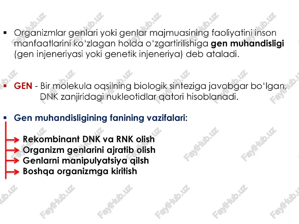 i ishlab chiqdilar. tuord va d. errel — faglarni zararlangan bakteriyalar ichida ko’payib vlarni o’ldirishini aniglashgan. shu vaqtda mikrobiologlar faglar foydalanib xafli bakteriyalarni zararsizlantirisnni umid qilisnhgan edi. lekin bakteriya hujayrasi sepontan mutatsiya sabab faglarga garshi chidamlilik xossasiga ega bo’ ladilar. ¢ shtam - bir turga mansub bo'lgan, lekin ayrim genlari bilan bir- biridan farglanuvchi bakteriya hujayralari. ¢ klon - har qanday shtammga oid mutatsiya ogibatida o'zgarib, bir dona bakteriya bo'linib ko‘payishi natijasida hosil bo‘lgan hujayralar to'plami mazkur shtammning kloni deb ataladi. uni irsiyati bir xil bo’ladi. hujayraning genetik elemenilari = xromosomalar = plazmidlar " transpozonlar xromosomalar = viruslarda - dnk yoki rnk ko’rinishda bo’ladi. = bakteriyalarda — halgasimon dnk ko’rinisnda bo'lib, u giston ogsili bilan komleks hosil gilmaydi, shuning uchun uni tarkibiga kiruvchi barcha genlari ishlab turadi. " eukariotlarda - dnk va giston oasilidan iborat bo’ ladi. plazmidlar ¢« asosiy xromosomadan tashgari go’shimcha xromosomalar. ¢ ular asosiy xomosomadan 100 barobar …
