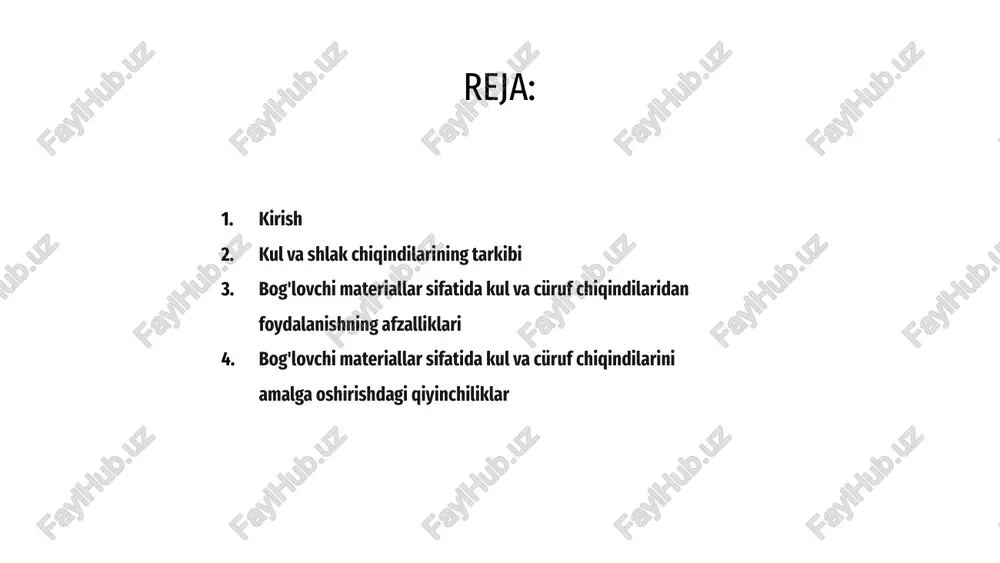 lik va akustik xususiyatlarini yaxshilash imkoniyatiga ega. bu energiya samaradorligini oshirish va shovqin ifloslanishini kamaytirishga olib kelishi mumkin. bundan tashqari, ushbu materiallardan foydalanish tabiiy resurslarni saqlashga hissa qo'shishi mumkin, chunki ular sanoat qo'shimcha mahsulotlardan olinadi. xulosa qilib aytganda, kul va shlak chiqindilarini bog'lovchi material sifatida utilizatsiya qilish chiqindilarni kamaytirish, qurilish materiallarini yaxshilash, energiya samaradorligi va resurslarni tejash nuqtai nazaridan sezilarli afzalliklarni beradi. kul va cüruf chiqindilari majburiy materiallar sifatida ishlatilishi mumkin, ammo ularni amalga oshirishda bir nechta qiyinchiliklar mavjud. 01 muammolardan biri bu chiqindilarni to'g'ri qayta ishlash va yo'q qilishni ta'minlash zarurati. 02 yana bir qiyinchilik - bog'lovchi materiallarning ish faoliyatini yaxshilash uchun mos qo'shimchalarni aniqlash va tanlash. 03 bog'lovchi materiallar sifatida kul va cüruf chiqindilarini amalga oshirishdagi qiyinchiliklar bog'lovchi materiallar sifatida kul va cüruf chiqindilaridan muvaffaqiyatli foydalanish misollari kul va cüruf chiqindilari qurilishda turli xil ilovalar uchun majburiy materiallar sifatida muvaffaqiyatli ishlatilishi mumkin. 02 ushbu materiallar mukammal mustahkamlik va …