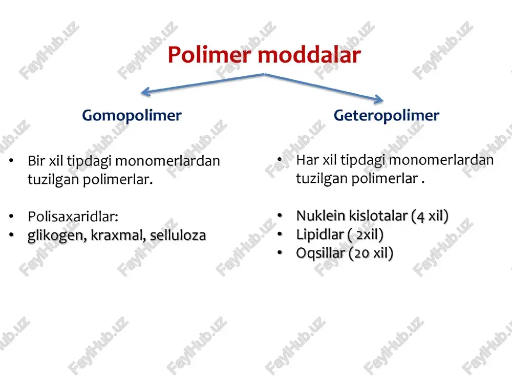 i) - glukoza + glukoza + cooh nh2 \ karboksil gurux amino gurux oh radikal gurux peptid bog’ - ikkita aminokislotani tutib turuvchi bog’. ® birinchi aminokislotaning cooh guruxidagi oh bilan, ikkinch aminokislotaning nh2 guruxidagi h ning birikishi va suv molekulasining gjralishi hisobiga hosil bo’ ladi. h h o h h o \ | %\ | n—t—c + n—c—c ho | oh h | ou r r “> ho 8 h oo h 0 ss | | n—c—c—n—c—c hu | | | on r h r amino va karboksil gurux o’rtasida peptid bog’ orqali bog’lanadi. ogsil molekulasi birin ketin joylashishini ta’minlaydi. insulin spiral qo’shni o’ramlari ortasida h bog’ orali bog’lanadi. polipeptid zanjiri ko‘pincha to‘liq va qisman spiral bo‘lib. co x ce x= vodorod, ion, disulfid, fidrofob bog’ larga ega. spirallar globula shaklini hosil qiladi. mioglabin; fermentlar; radopsin; pe vodorod, ion, disulfid, fidrofob bog’ larga ega. globulalarning birikishidan yirik molekula hosil …