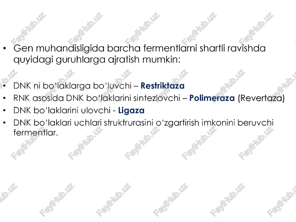 nligiga ko’ra bosh harflarini qo’yish orqali nom beriladi. masalan: ecor1 - esherichia coli bakteriyasidan ajratib olingan. restriktazalarning turlari ¢ ecori —dnk ni «yopishqoq» uchlar hosil gilib kesadi. v mc wa je jet j+ jac je 2 ta fosfodiefir bog’ oc be pe hee nema jel 1 oo 2 ta fosfodiefir bog’ ecp demak pbr 322 - vektor tarkibida j ahamiyatga ega gen mavjud _ noyob gen t-dnk ning shish chiqarish y \noyob gen ra qobiliyatini yoqotadi. (vektor konstruksiya) noyob gen kinitilgan zs, vektor | ) -_—_ s i@° a . : kallus to‘qima agrobakterium o’simlik hujayrasi transgen o’simlik hujayra muhandisligi (, hayvonlar irsiyatini o’zgartirish y hayvonlarni klonlash \ gibridomalar olish ma'lumki, sigirlar bir yilda fagat bir dona, ba'zan 2 dona tuxum hujayra hosil giladi. shu sabab nomdor qoramol zotini zudlik bilan ko'‘paytirish imkoni bo‘lmagan. ko'p miqdorda yugori sifatli sut beruvchi qoramolga ma’lum gormon inyeksiya qilinib, ko‘plab tuxum hujayra olishga erishiladi. …