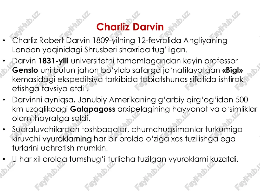 i » (1859-yil) ll. « xonakilashtirilgan hayvon, madaniy o’‘simliklarning o‘zgaruvchaniigi » (1868-yil) ill. « odamning paydo bollishi va jinsiy tanlanish » (1871 -yil) iv. « o‘simliklar dunyosida chetdan va 0o‘z-o‘zidan changlanishning ta’siri » (1876 - yil) *= olim organik olam evolutsiyasining harakatlantiruvchi kuchlani: irsiyvat, o'zgaruvchanlik, yashash uchun kurash va tabily tanlanish ekaniligini e'tirof etdi. ch. darvin 1882-yili vafot etdi. sun’iy tanlash = ¢ ongsiz tanlash ¢ ch. darvin «bighy kemasidagi safari chog‘ida j. amerikaning olovli yerida yashovchi gabilalar ocharchilik paytida vidra ovlashda unchalik ko‘mak bermaydigan it hamda mushuklarni yeb, yordam beruvchi itlarni saglab qolganlarini ko‘rgan. ¢ demak ongsiz tanlashda insonlar yangi zot, nav chigarishni asosiy maqsad qilib olmagan. —> ¢ ongli tanlash ¢ insonlar tanlash olib borar ekan, ular zot, nav chiqarishni asosiy magsad qilib olganlar. * bo'rdodi qo'y ¢ ertapishar qovun (xandalak) ¢ urushqog zot ¢ axaltaka ¢« xolmogor ¢ yungsiz it zotlani ..... tanlashning natijalar d po’chtachi yakobin …