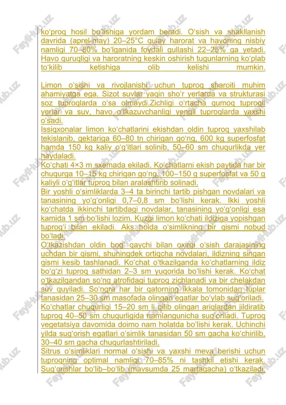 rtacha qumoq tuproqli yerlar va suv, havo o‘tkazuvchanligi yengil tuproqlarda yaxshi o‘sadi. issiqxonalar limon ko‘chatlarini ekishdan oldin tuproq yaxshilab tekislanib, gektariga 60–80 tn chirigan go‘ng, 600 kg superfosfat hamda 150 kg kaliy o‘g‘itlari solinib, 50–60 sm chuqurlikda yer haydaladi. ko‘chati 4×3 m sxemada ekiladi. ko‘chatlarni ekish paytida har bir chuqurga 10–15 kg chirigan go‘ng, 100–150 g superfosfat va 50 g kaliyli o‘g‘itlar tuproq bilan aralashtirib solinadi. bir yoshli o‘simliklarda 3–4 ta birinchi tartib pishgan novdalari va tanasining yo‘g‘onligi 0,7–0,8 sm bo‘lishi kerak. ikki yoshli ko‘chatda ikkinchi tartibdagi novdalar, tanasining yo‘g‘onligi esa kamida 1 sm bo‘lishi lozim. kuzgi limon ko‘chati ildiziga yopishgan tuprog‘i bilan ekiladi. aks holda o‘simlikning bir qismi nobud bo‘ladi. o‘tkazishdan oldin bog‘ qaychi bilan oxirgi o‘sish darajasining uchdan bir qismi, shuningdek ortiqcha novdalari, ildizning singan qismi kesib tashlanadi. ko‘chat o‘tkazilganda ko‘chatlarning ildiz bo‘g‘zi tuproq sathidan 2–3 sm yuqorida bo‘lishi kerak. ko‘chat o‘tkazilgandan so‘ng atrofidagi tuproq zichlanadi va bir …