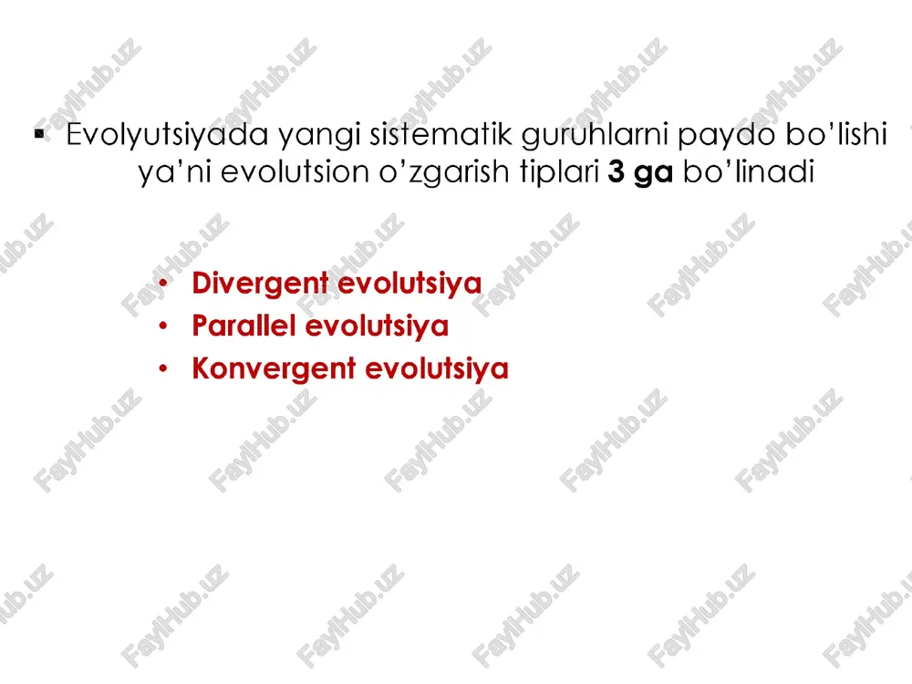 yvonlari), ixtiozavrlar va kitsimonlar (ikkilamchi suv hayvonlari) tana shaklining o‘xshashligini misol qgilib keltirisa mumkin. akula b (baliq) xaltali krot ixtiozavr ome (xaltalilar) (reptiliya) j r i oddiy krot delfin (sutemizuvchi) a ce. (yo'ldoshlilar) organik olam evolutsiyasning asosiy yo’nalishlari organik olam evolutsiyasi to'g‘risida mulohaza yuritganda nima sababdan barcha tirkk mavjudotlar oddiydan murakkablanish tomon bir xil rivojlanmagan, ular orasida sodda va murakkab tuzilisnga ega bo'lgan mayjudotlar mavjud, degan savol tug'ilishi mumkin. fan oldidagi bu muammoni rus olimlaridan a. n. seversov va i. il. somalgauzen jjobiy hal gildilar va ular organik clam evoluyutsiyasi yo’nalishini ikki yo’nalisnga bo’ lishdi: biologik progress biologik regress biologik progress bir turga mansub individlar soni ortib boradi. ular ishg’ol gilgan areal kengayib boradi tur zaminida yangi tur kelib chigadi masalan: hind maynasi biologik regress ¢ bir turga mansu individlar soni kamayib boradi. ¢ ular ishg’ol gilgan areal torayib boradi ¢ turlar soni qisgaradi. masalan: ginkolar oilasi vixuxol biologik progress …