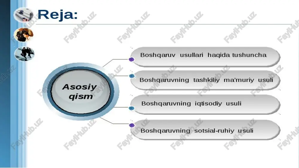 rish ‘iqtisodiy dastaklar | wy iqtisodiy boshqaruv usulining asosiy vazifasi ishlab e kamaytirishga imkon beruvchi xo’ jalik mexanizmini yangi & usullarini manfadorlik muxitini vijudga keltirish. ri ee bu usul kishilarning bu maqsadda shaxsiyva gurux qgoshimcha ish haqi manfaatlarini to’lash mukofotlar yuzaga chigarish orgqali berish bir yo’li katta ularning samarali ishlashiu pul bilan taqdirlash taminlanadi. kabilar muxim ahamiyat kasb etadi ss) boshgaruvning iqtisodiy usullari jumlasiga: soliq va soliq — yuki ) kredit va / foiz stvkalari subsidiya va sanksiya sboshgaruvning sotsial ruhiy usuli boshgarish psixologiyasi boshgarishning sotsial ruxiy usuli quydagi muammolarni hal qilishga qaratilg kishilaming madaniy satsial maishiy ehtiyijlarini qondirish u joy klublar sportinshootlarini va boshqalarni kishilaming sotsial ruxiy xususiyatlari qobilyatiarini bilgan holda jamoani rivojlantirish ishlab chiqarishni samaradorligini qurishgasharoit yaratish sotsial yurish turish meyorarini o'rnatish va rivojlantirishga yaxshi namunali ananlarni qo’llab quvvatlash. jal rivojlanishni kishilarning tilishini tashabbusini jatlantirish umuman ta’lim jasini oshirish mexnatga munosabatini taminlash mexnat jamoalarida alabchanlik o’zaro yordan} intizomni …