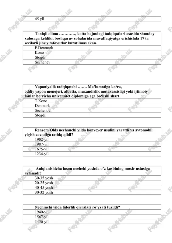 ’nalganlik qayta aloqa tushunarli bayon etish odob-intizomi? faolik xayrixoxlik chekinish nofaollik ustunlikka intilmaslik o’z xissiyotini nazorat etish ma’lumotni etiroz bildirmay qabul qilish salbiy xisning yo’qligi optimal nutq tempi? xayrixoxlik faollik raqobat yon berish ………biron bir masala yuzasidan kelishuv jarayoni qaysi qatorda ko’rsatilgan? muzokara mulohaza xayrixoxlik faollik ………eng oliy maqsad bo’lib inson butun umrini shu maqsadga intilish uchun bag’ishlaydi? missiya etiqod qadriyatlar ustanovka eng qimmatli ma’naviy boylik bo’lib inson uni haqoratlanishi va taxqirlanishidan himoya qiladi? qadriyatlar etiqod missiya ustanovka aniqlanishicha o’zini baxtli deb o’ylaydigan oilada er-xotin haftasiga necha soat vaqtni birgalikda o’tkazadilar? 10-12 soat 1-2 soat 20-24 soat 10-15 soat qaysi olim guruxdagi xodimlar mavqeidan kelib chiquvchi rollarni ifodalab beradi? r.shidler pavlov sechenov freyd …………gurux yetakchisi, o’zgalarni faollikka va maqsad sari undaydi ularga ishonch va qatiiylik baxsh etadi alfa beta gama omega ………gurux nafrati va noroziligi qaratilgan xodim? omega gamma beta alfa kamanda o’z missiyasini amalga oshirishda qanday natijada erishishi haqidagi …