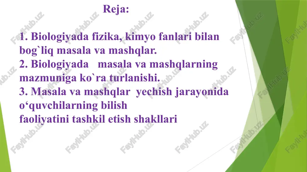 g membranalarida elektr maydon kuchlanishi va potensiallar farqi nimaga teng bo‘ladi? (elektr maydonining kuchlanishi - bu kuchdir, u membranada hosil bo‘ladigan yagona elektr zaryad hisoblanadi). masala quyidagicha yechiladi: membranining ikki tomonidagi potensiallar farqi (100 mv atrofida) ni uning qalinligiga (25 mmk) bo‘lish kerak. masalan javob: juda hayratlanarli darajada: 4 mln. volt/m yoki 4 ming volt/mm. 6 2-masala: ko‘k kaptar tinch turganda bir daqiqada 26 marta, uchganda esa 400 marta nafas oladi. nafas olishdagi bunday farqni qanday tushunish mumkin? yechish: uchayotgan ko‘k kaptarda moddalar almashinuvi bir necha marta tezlashadi, buni uning yurak urishining ham bir necha baravar oshganligidan sezish mumkin. 3-masala: yomg‘ir chuvalchangi bir yilda 250 tonna tuproqni qayta ishlaydi. bir kunda, bir oyda qancha tuproqni qayta ishlashi mumkin. yechish: 1 kunda–x tonna 2oyda–250 tonna 1 oyda – x tonna 4-masala. golland olimi 2 kg li tol ko‘chatini 80 kg tuproq solingan bochkaga o‘tqazib besh yil mobaynida yomg‘ir suvi yoki distillangan …
