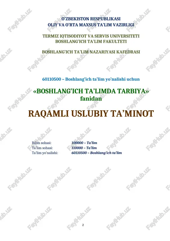 ya jarayonini samaradorligini oshirishda ilg’or xorijiy tajribalar………………………………………………………………………. 63 ma’ruza 5.1. jahon tarbiya konsepsiyalari…………………………………………… 63 ma’ruza 5.2. xitoyda konfutsiylik axloqining besh asosiy ustuni………………………. 77 2-modul. boshlang’ich ta’limda tarbiya jarayonining mazmuni va mohiyati ma’ruza 6: boshlang’ich ta’limda tarbiya jarayonining mazmuni va mohiyati.... 85 ma’ruza 6.1. tarbiya maqsadining jamiyat ijtimoiy ehtiyoji asosida belgilanishi….. 85 ma’ruza 6.2. tarbiya onuniyatlari va tamoyillari…………………………………… 90 ma’ruza7: tarbiyaning umumiy metodlari, shakllari va vositalari......................... 101 3–modul. boshlang’ich sinflarda «tarbiya» fanini bosqichma-bosqich amaliyotga joriy etish ma’ruza 8: boshlang’ich sinf o’quvchilarida muvaffaqiyatga erishishga intilish motivi shaxsning ustuvor xususiyati sifatida(1-4 sinf tarbiya darsi)................... 117 ma’ruza 9: boshlang’ich sinf o’quvchilarida ijtimoiy kompetensiyalarni shakllantirish (1-4 sinf tarbiya darsi)........................................................................ 122 ma’ruza 10: boshlang’ich sinf o’quvchilarida ijobiy fazilatlarni shakllantirish mexanizmi (1-4 sinf tarbiya darsi)............................................................................. 134 ma’ruza 11: tarbiya darslarida o’quvchini o’z ustida ishlash jarayoni(1-4 sinf tarbiya darsi).................................................................................................................. 150 4-modul. boshlang’ich ta’limda “tarbiya” darslarini tashkil etishda innovatsion yondashuvlar ma’ruza 12: boshlang’ich sinflarda “tarbiya” darslarini innovatsion yondashuv asosida …