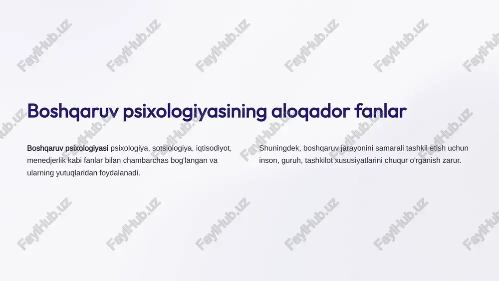 hkilot muvaffaqiyati uchun rahbarlar stressni samarali boshqarishi kerak. tashkilot muvaffaqiyati uchun rahbarlar stressni samarali boshqarishi kerak. stress menejmenti vaqtni oqilona taqsimlash, muloqot va mehnat muhitini yaxshilash orqali amalga oshiriladi. stress menejmenti vaqtni oqilona taqsimlash, muloqot va mehnat muhitini yaxshilash orqali amalga oshiriladi. 7 yetakchilik: boshqaruv san'atining asosi 1 qat'iyatlilik 2 maqsadga yo'nalganlik 3 xarismatiklik 4 jamoani ilhomlantirish yetakchi uchun zarur xususiyatlar - qat'iyatlilik, maqsadga yo'nalganlik, xarismatiklik va jamoani shaxsan ilhomlantira olish. yetakchi o'z xatti-harakatlar bilan namuna bo'lishi, guruhdagi ruh va motivatsiyani oshirishi kerak. samarali liderlik boshqaruv jarayonidagi eng muhim omillardan biri hisoblanadi. 8 boshqaruv tizimlarida motivatsiya ahamiyati yuqori motivatsiyaga ega xodimlar tashkilot maqsadlariga erishish uchun qunt va samarali mehnat qilishadi. rahbarlar rag'batlantirish tizimini takomillashtirish xodimlarning ichki va tashqi motivatsiyasini oshirishi muhim. 9 jamoaviy ish - boshqaruv samaradorligining kafolati samimiy hamkorlik va o'zaro yordamga asoslangan jamoaviy ish loyiha maqsadlariga erishishda muhim rol o'ynaydi. jamoa a'zolarining qobiliyatlari, kasbiy mahorati va tajribalarini birlashtirib, …
